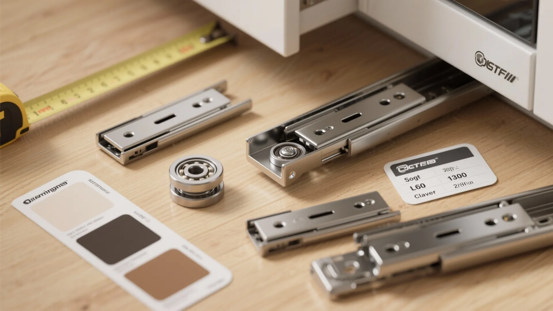 Metal drawer slides and ball bearings on a wooden surface with a yellow tape measuring tool