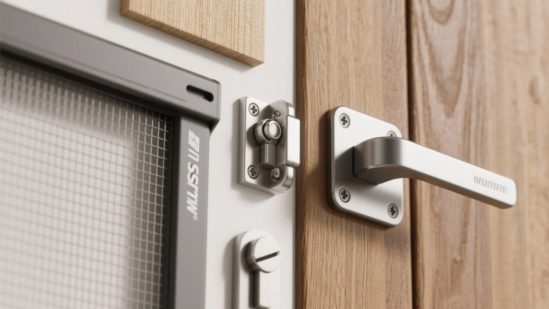 Macro view of outdoor door hardware and material samples including hinges, tracks, and mesh.