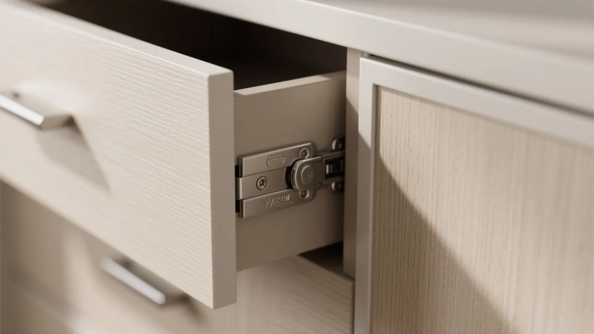 Close up view of a metal cabinet hinge inside a light wood kitchen drawer system
