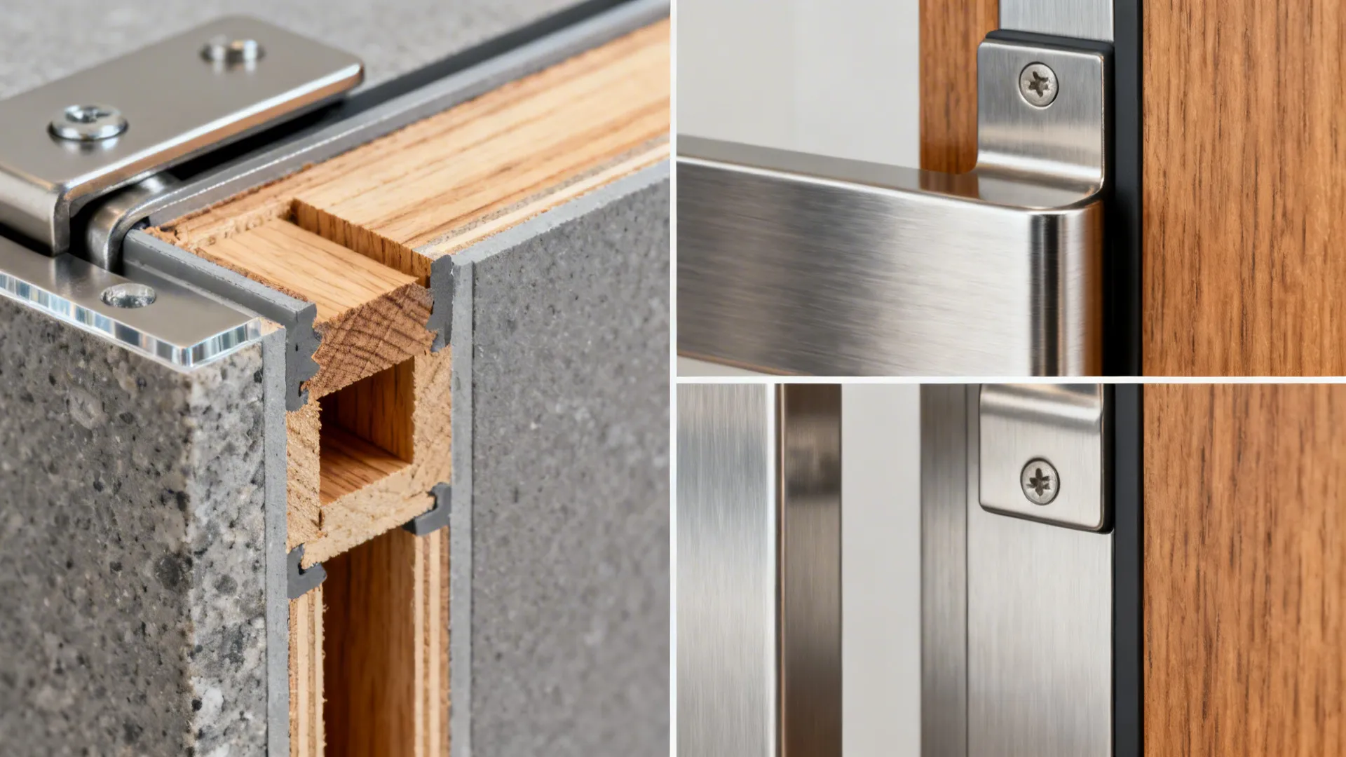 Macro details of door core, reinforced blocking, and pivot hardware options.