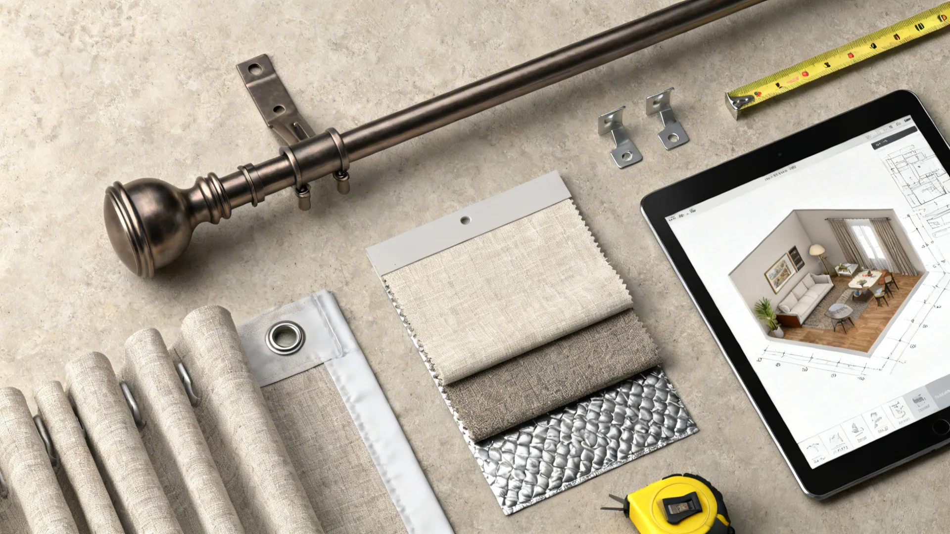 Top-down flatlay of curtain hardware, fabric swatches, thermal liner, and a tablet with a room planner mockup.