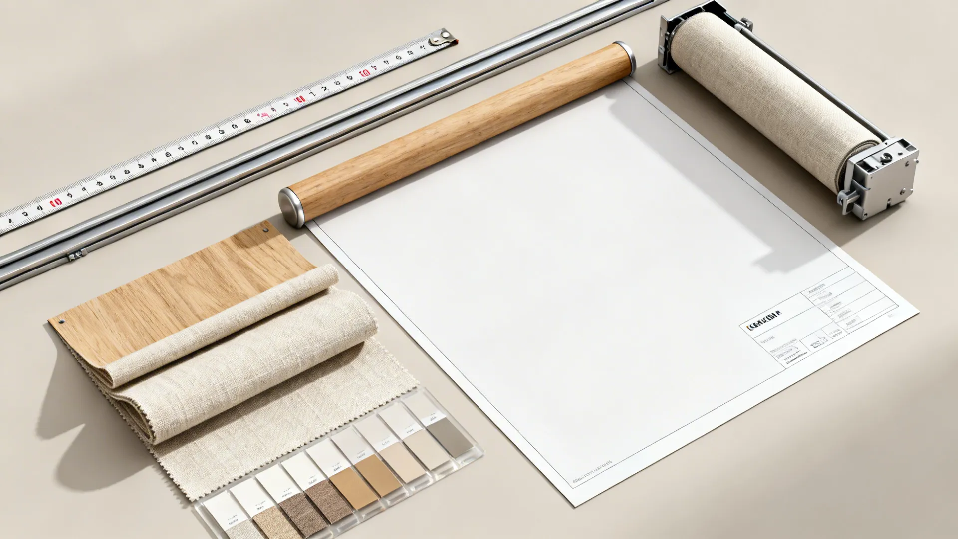 Flatlay of curtain hardware and fabric swatches for sliding door installations