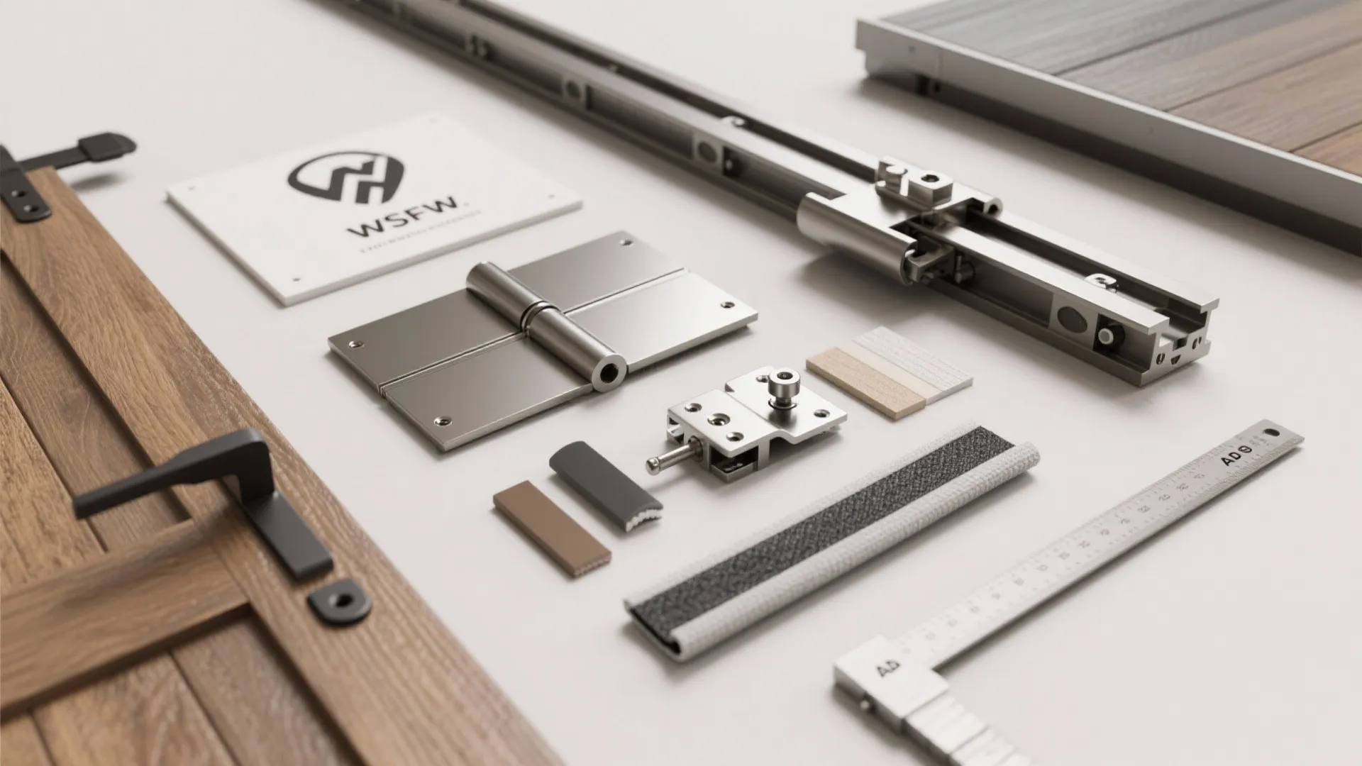 Flatlay of barn door hardware types and sealing options including exposed track, pocket track model, bi-fold hinge, and seals.
