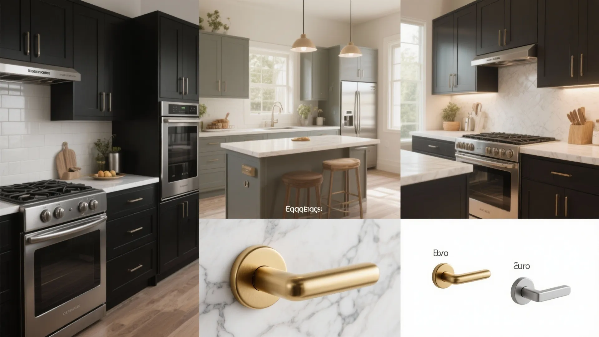Modern kitchen collage featuring dark cabinets, grey island, stainless steel stove, and gold door handles
