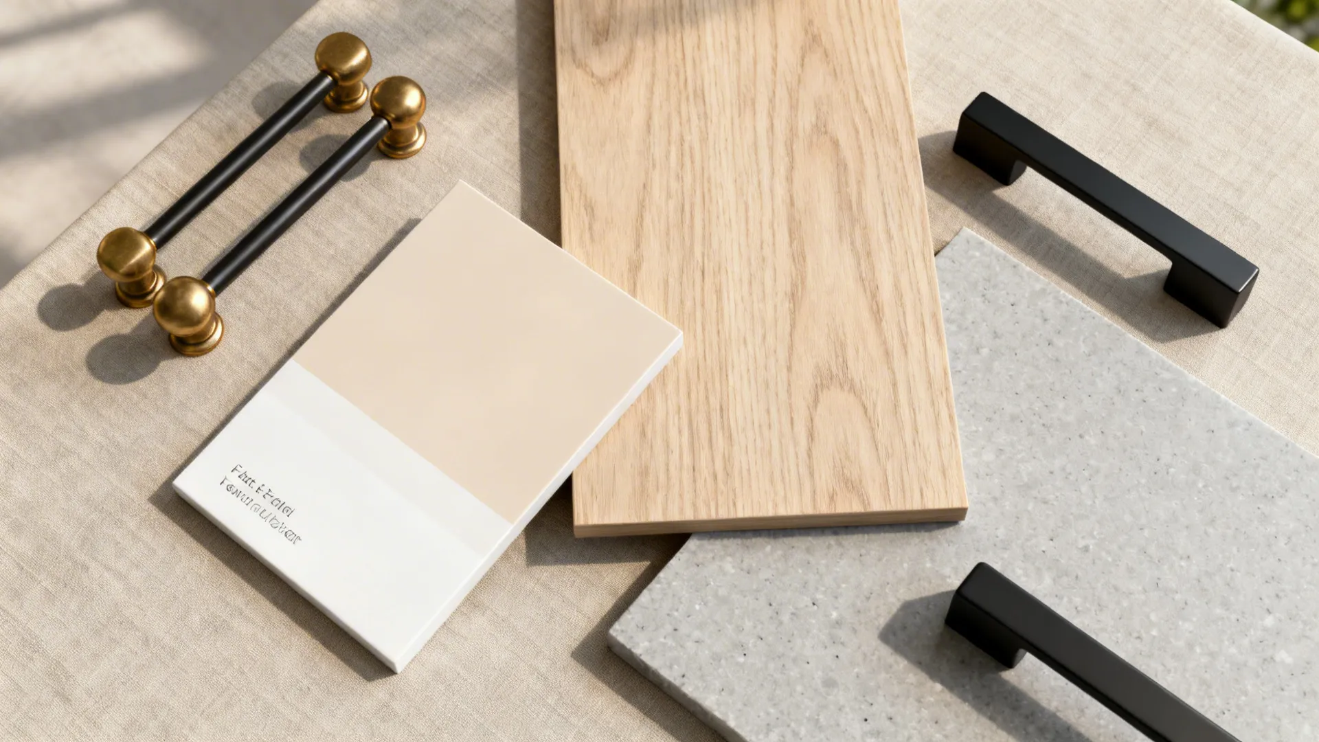 Top-down flat lay of brass knobs, matte black pulls, oak, and quartz samples.