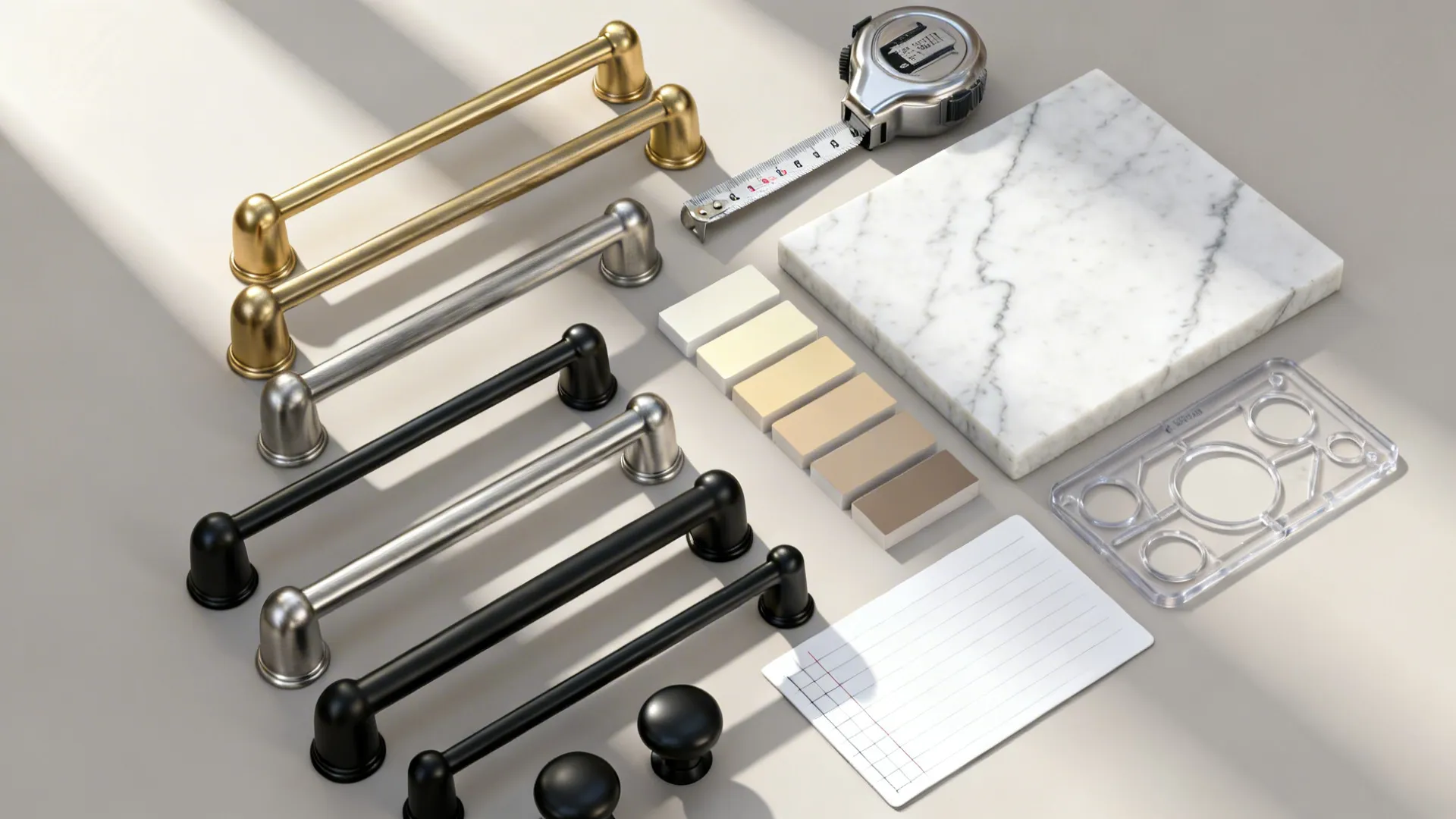 Flat lay of brass, nickel, and black hardware with neutral paint and quartz samples.