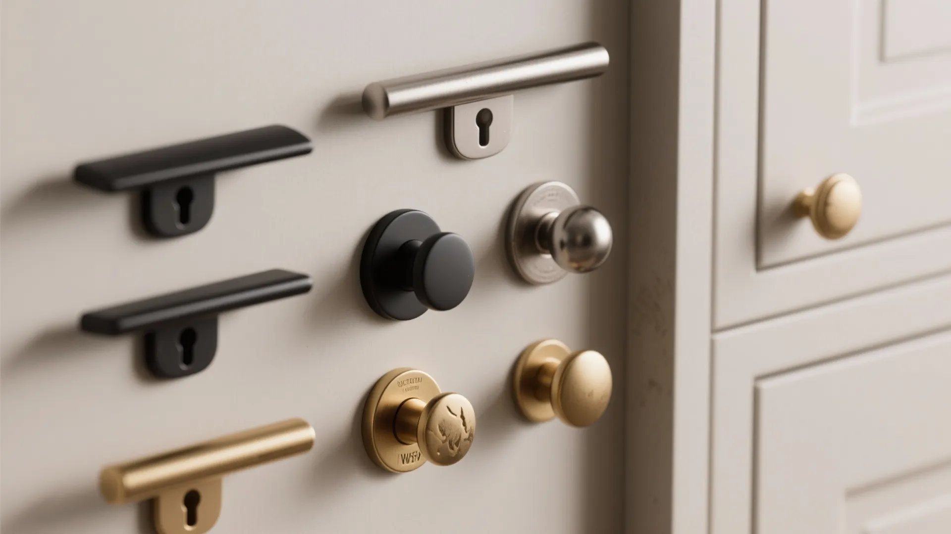 Various metal cabinet handles and door knobs in black gold and silver on white wall