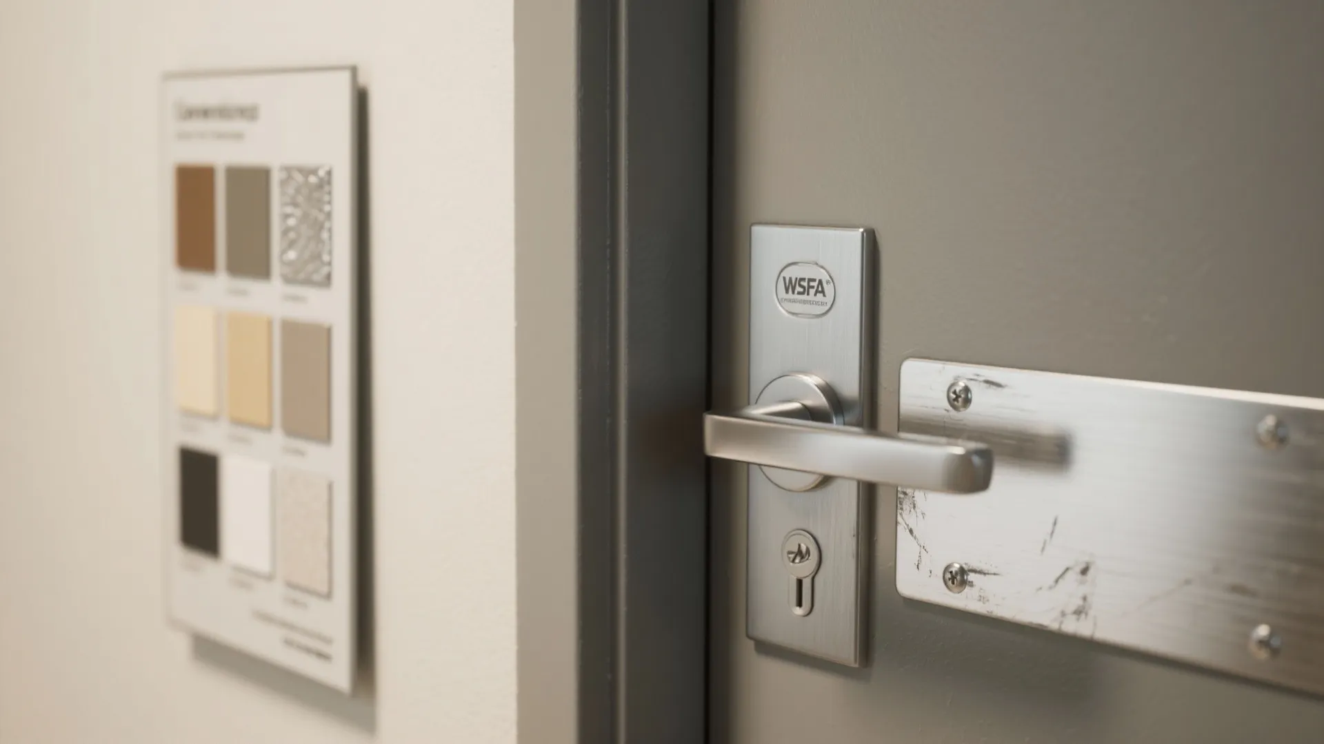 Close up of a metal door handle on a grey door with color samples nearby