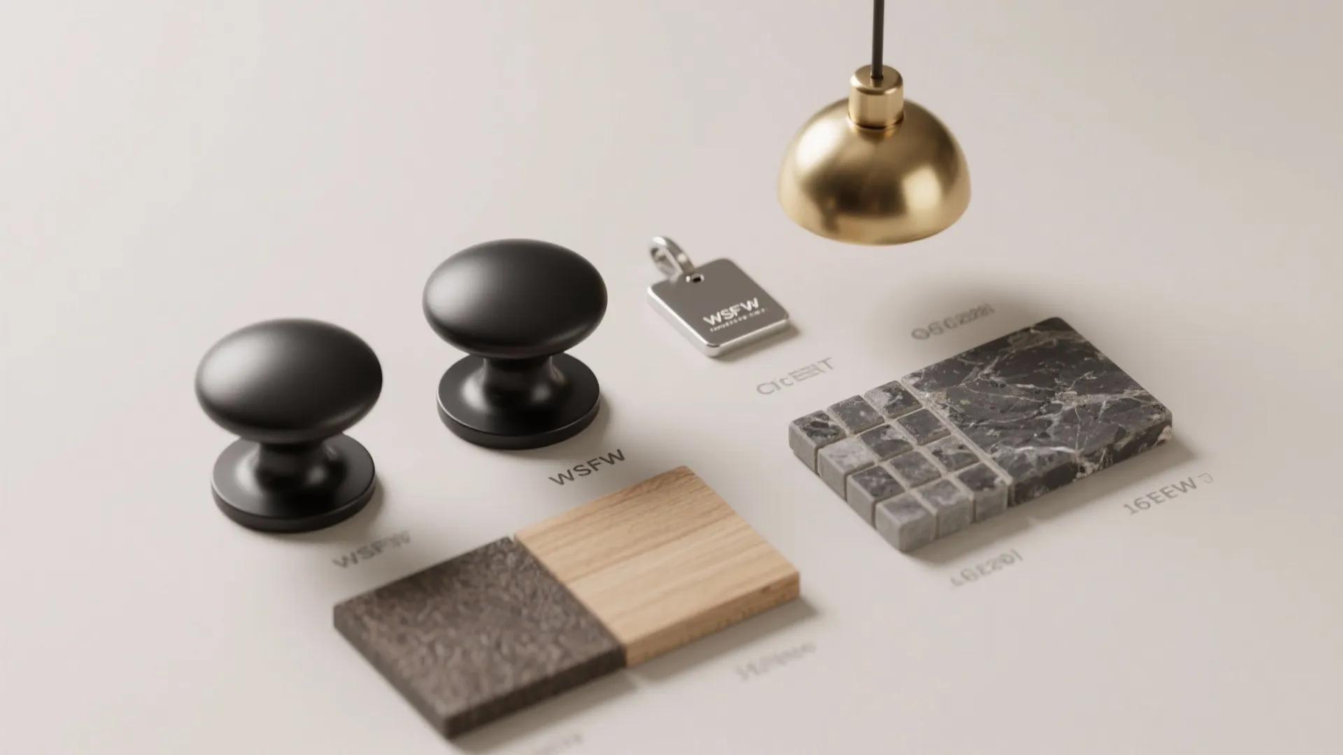 Interior design material board with black door knobs wood samples marble tiles and gold light