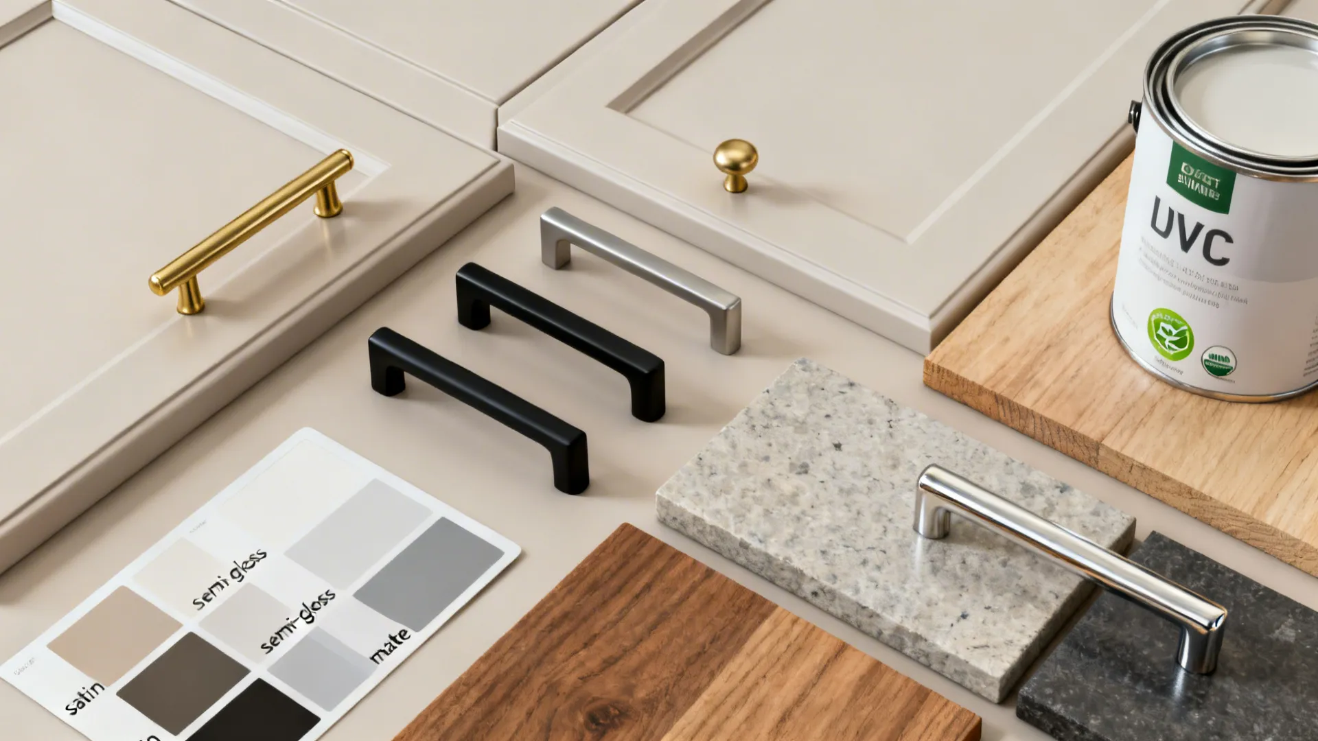 Flatlay of cabinet hardware and paint finish samples including brass and matte black options and finish swatches.
