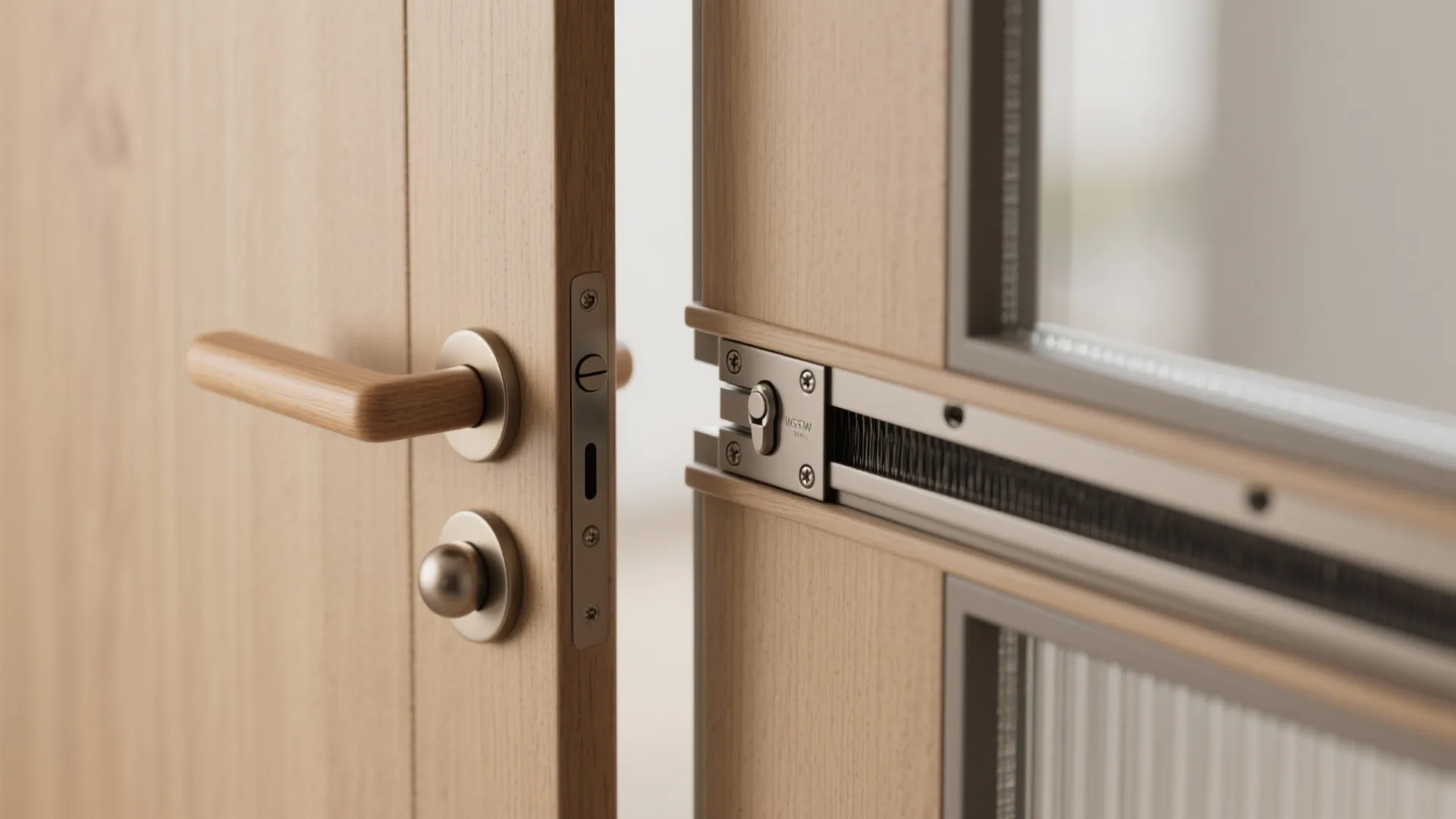 Close up of a wooden door handle and metal locking part on a modern wooden door