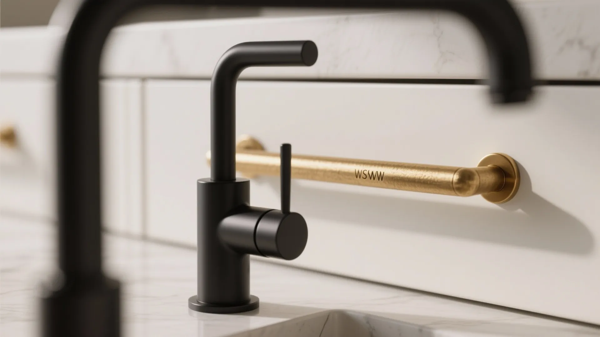 Close up of black water tap and gold cabinet handle on white kitchen drawer marble