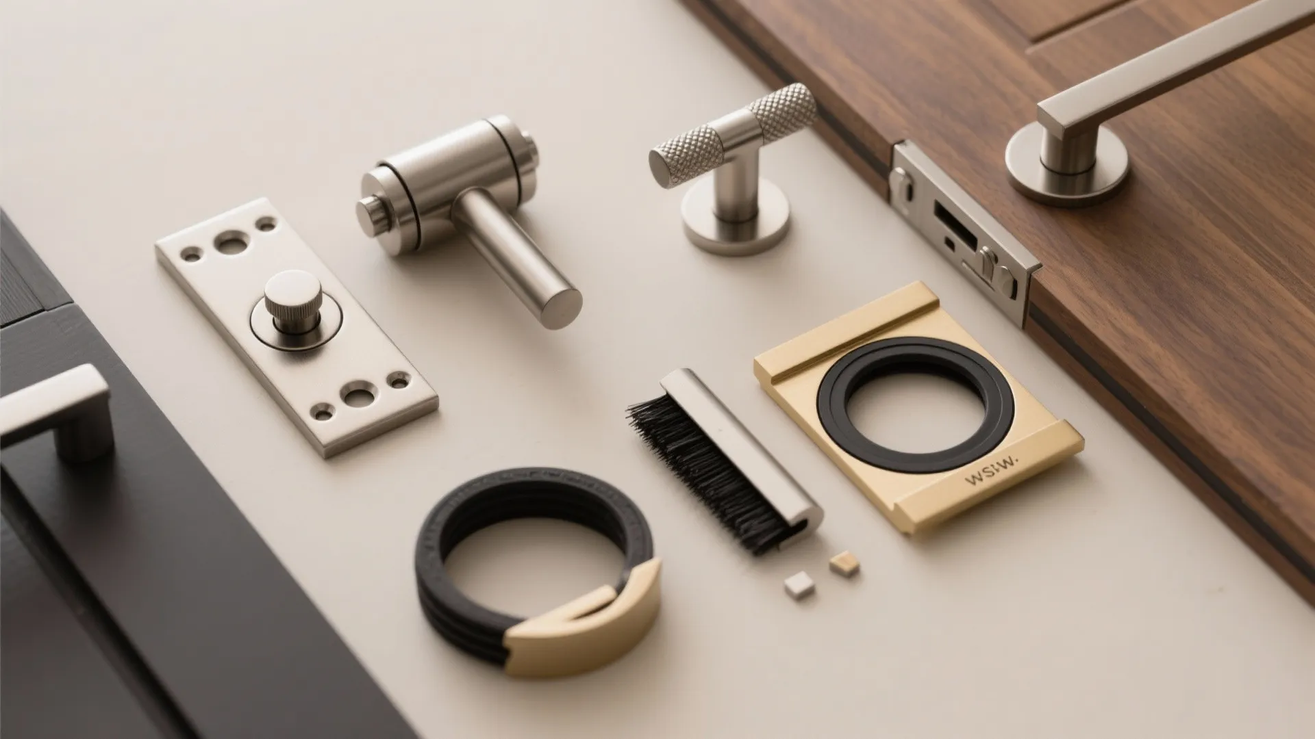 Collection of metal door handles and locks laid out on a white surface with wood