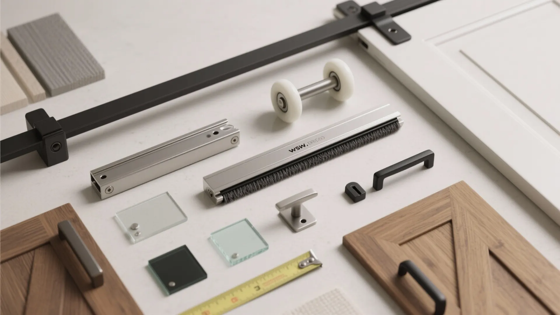 Door hardware flat lay with black handles, sliding track rollers, wood panels, and measuring tape tools