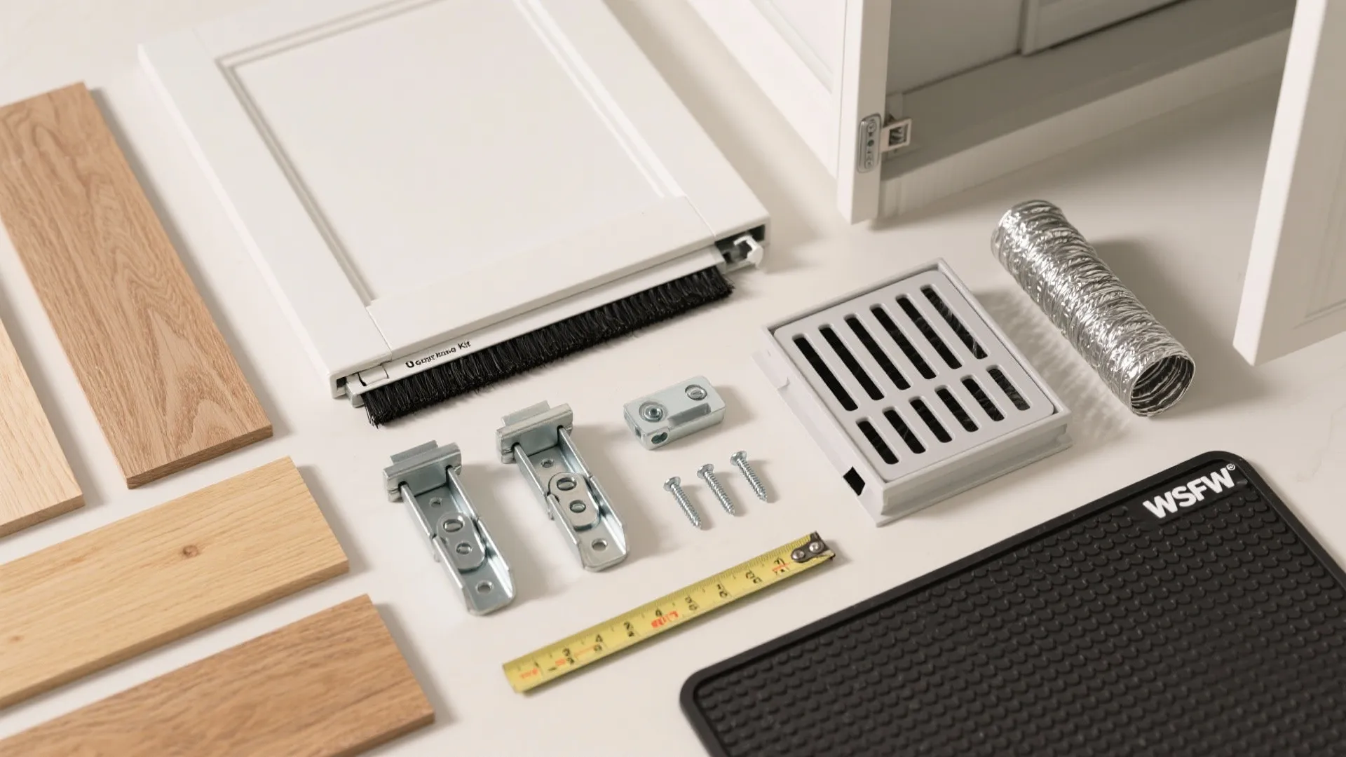 Collection of white cabinet parts wood panels metal hinges screws tape measure and silver pipe
