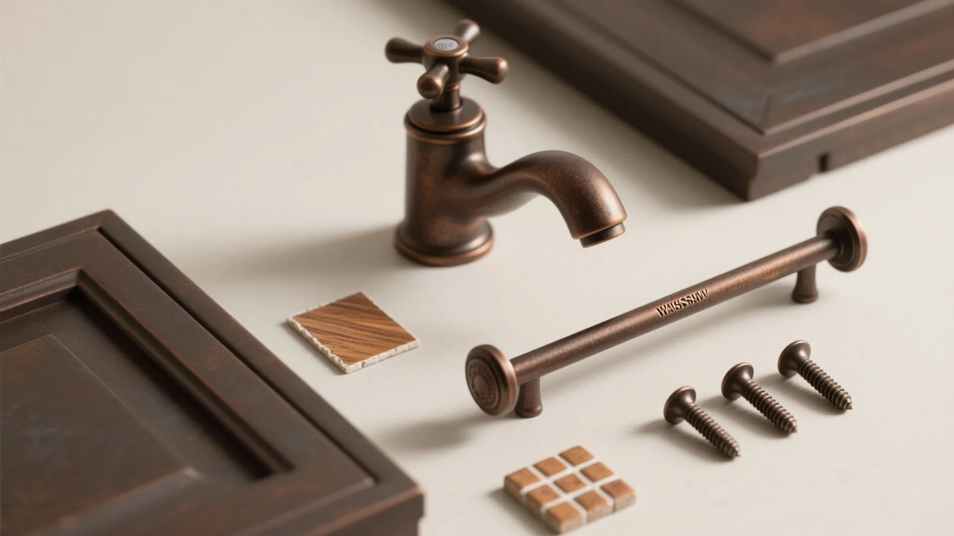 Bronze bathroom faucet and handle with screws small tile samples and dark brown wood cabinet panels