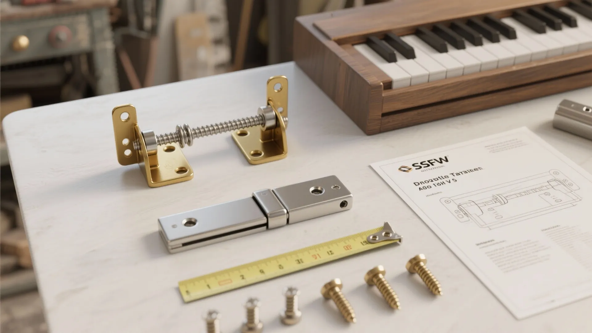 Flatlay of brass swing brackets, piano hinge, anchors and tools recommended for drop-leaf table installation.