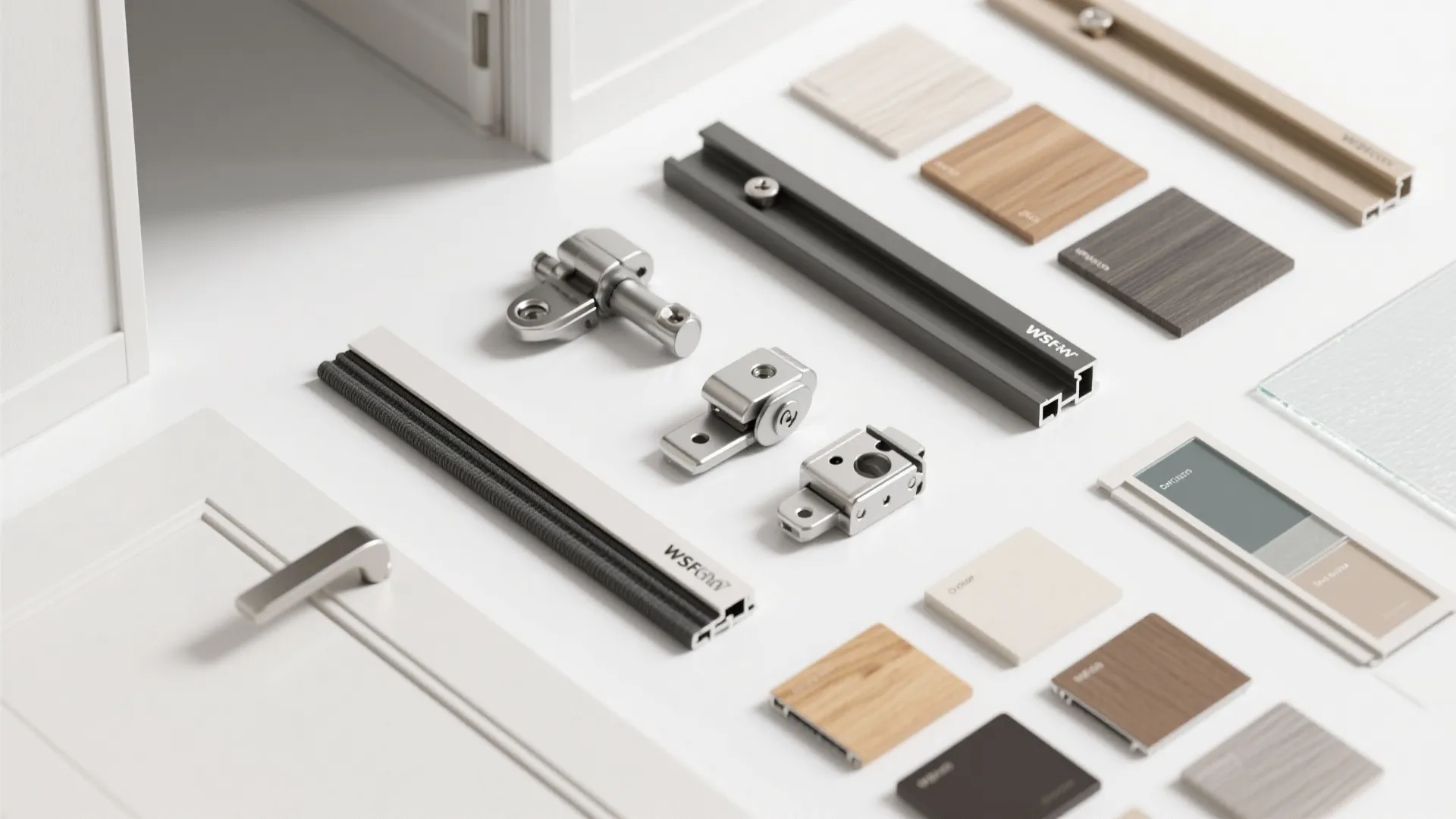 Collection of door hardware parts metal tracks door handle and wood material samples on white