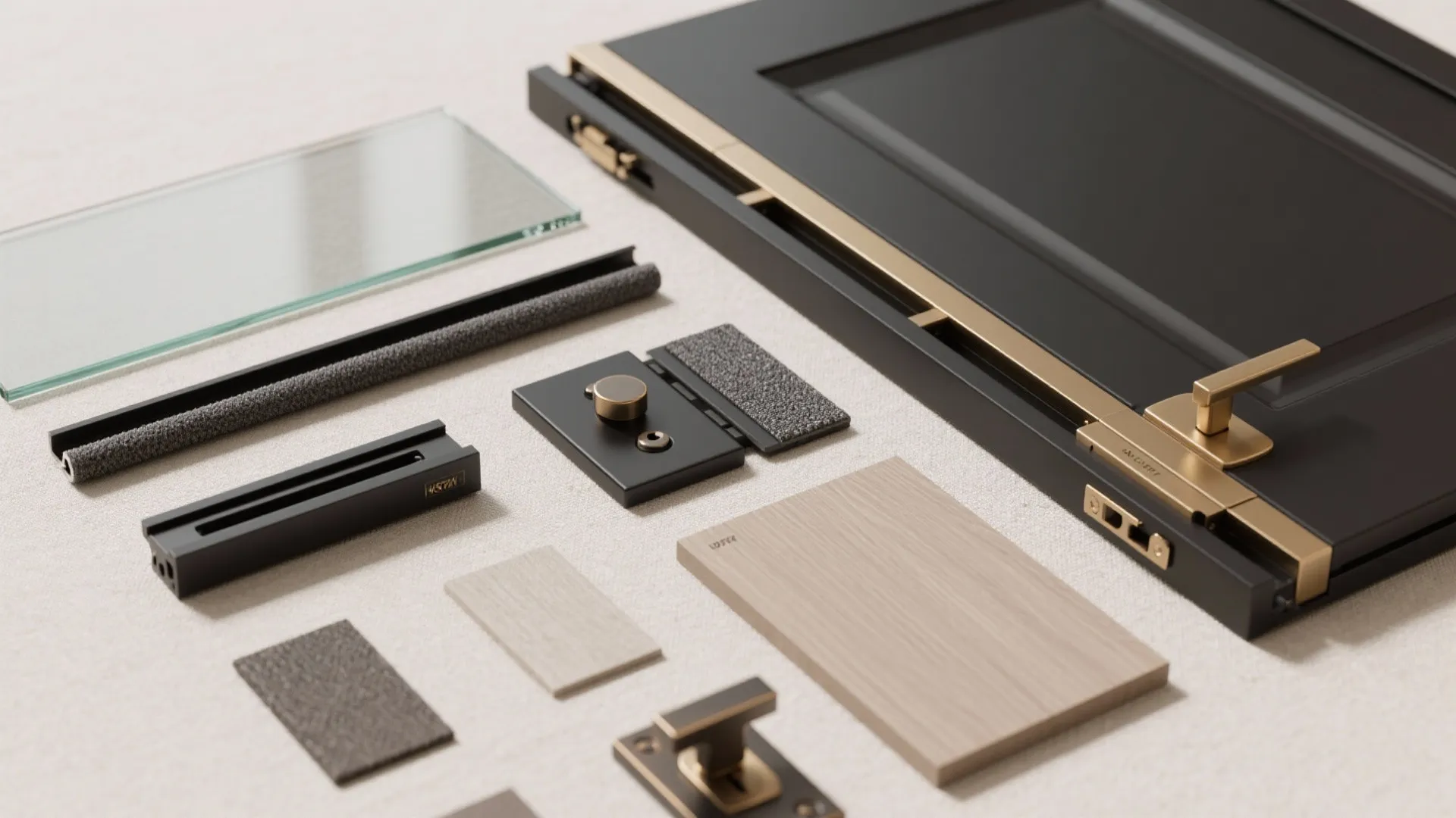 Flat lay of door hardware including black handles gold hinges glass samples and wood color swatches