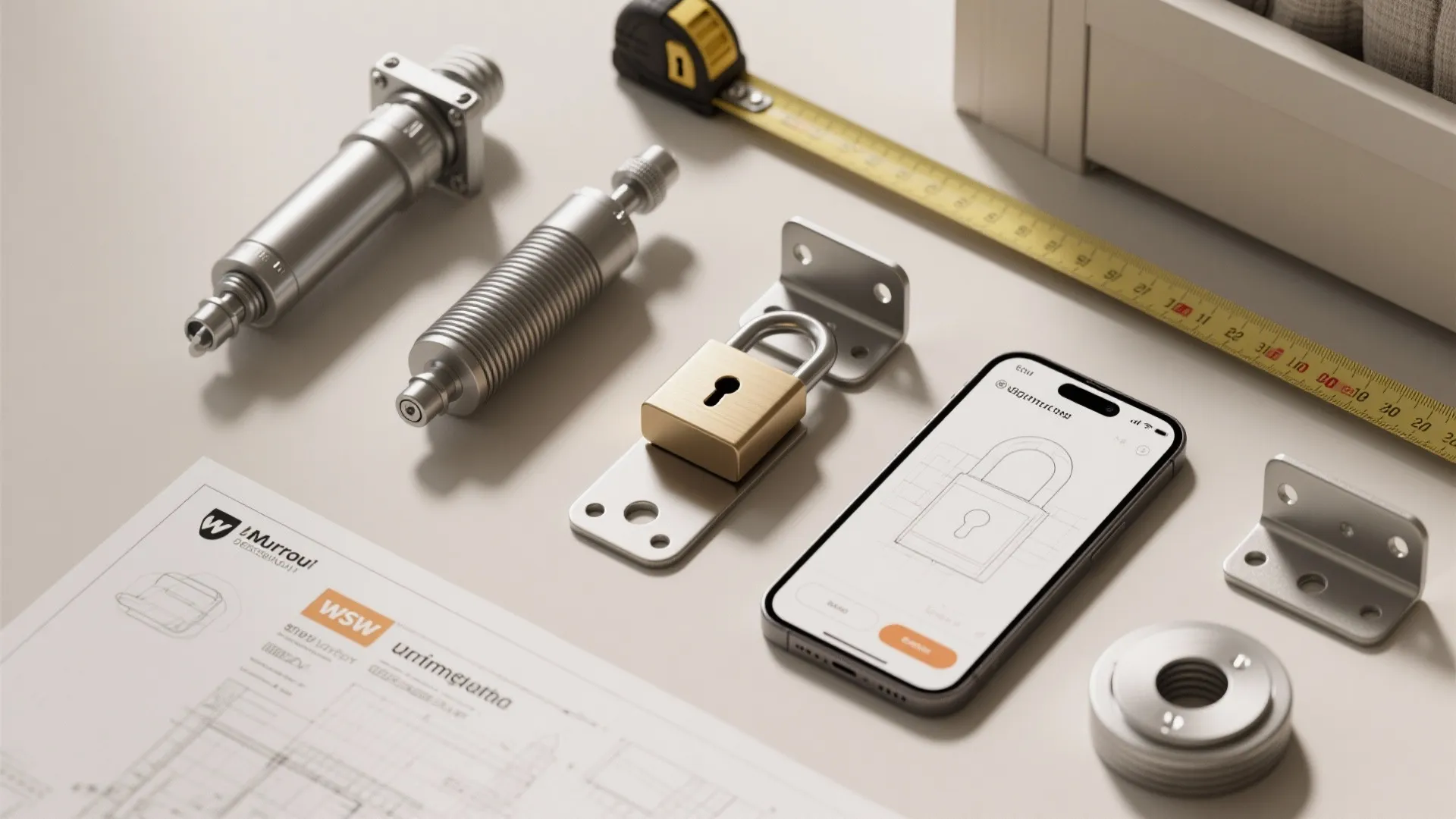 Various furniture assembly parts with a measuring tape and smartphone on a clean white surface