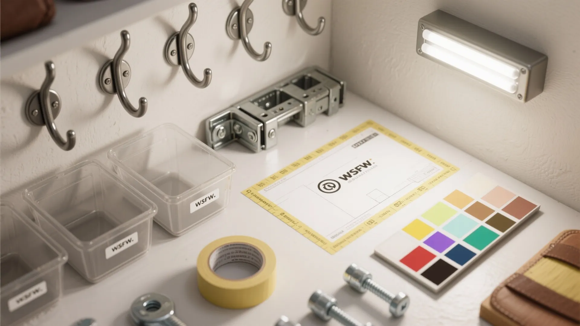 Cabinet hardware and design tools including wall hooks metal hinges color palette and adhesive tape