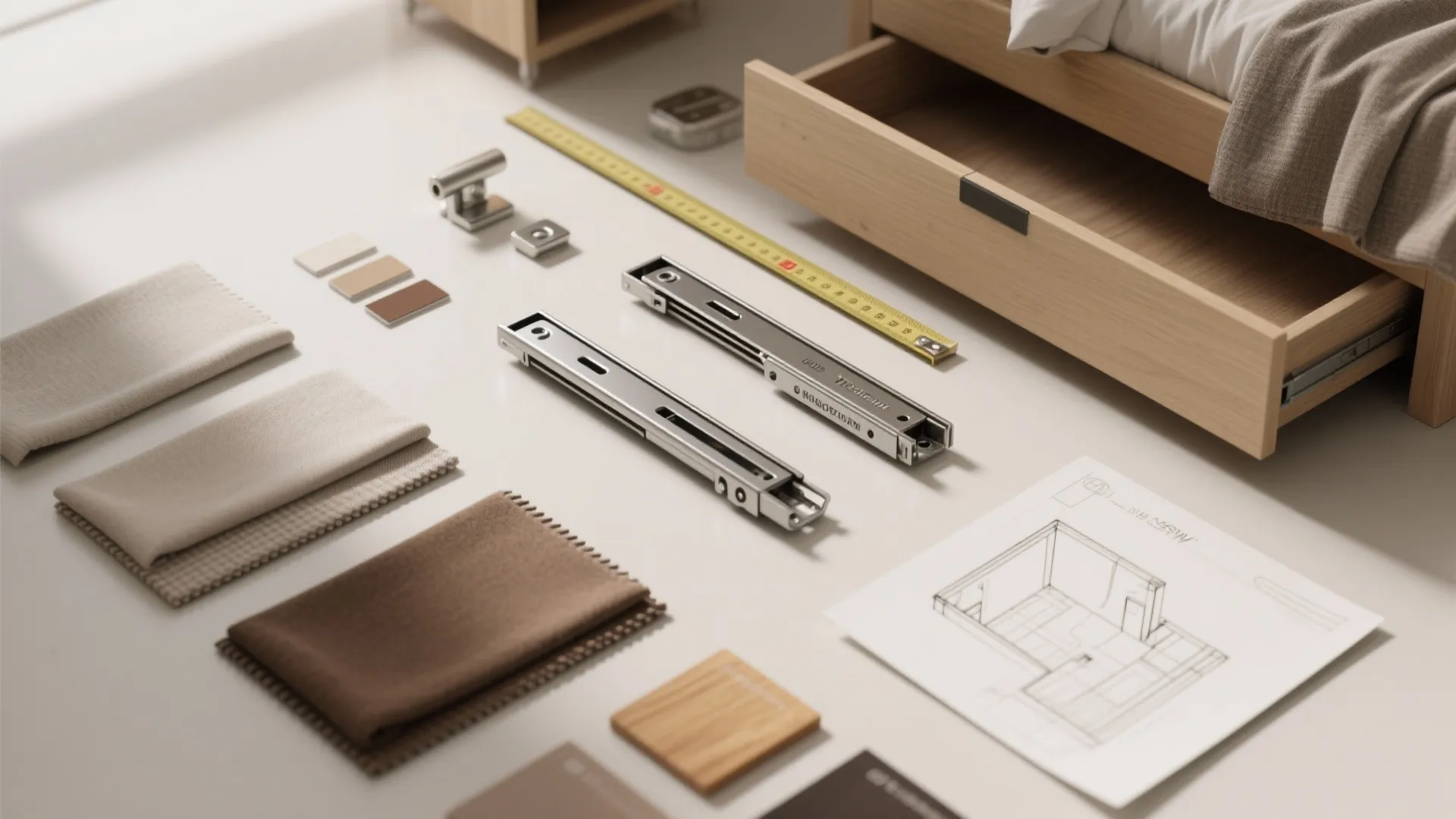 Drawer slides, measuring tape, fabric swatches, and room layout drawing for wooden furniture design project