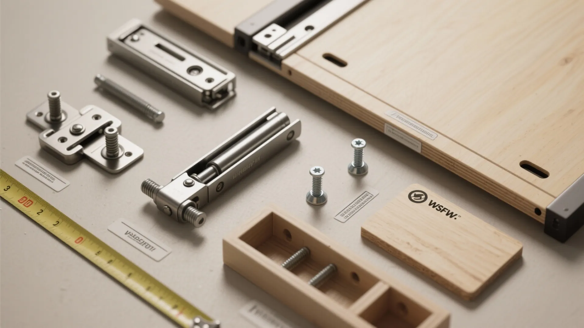 Furniture hardware parts including metal hinges screws and a yellow measuring tape on grey table