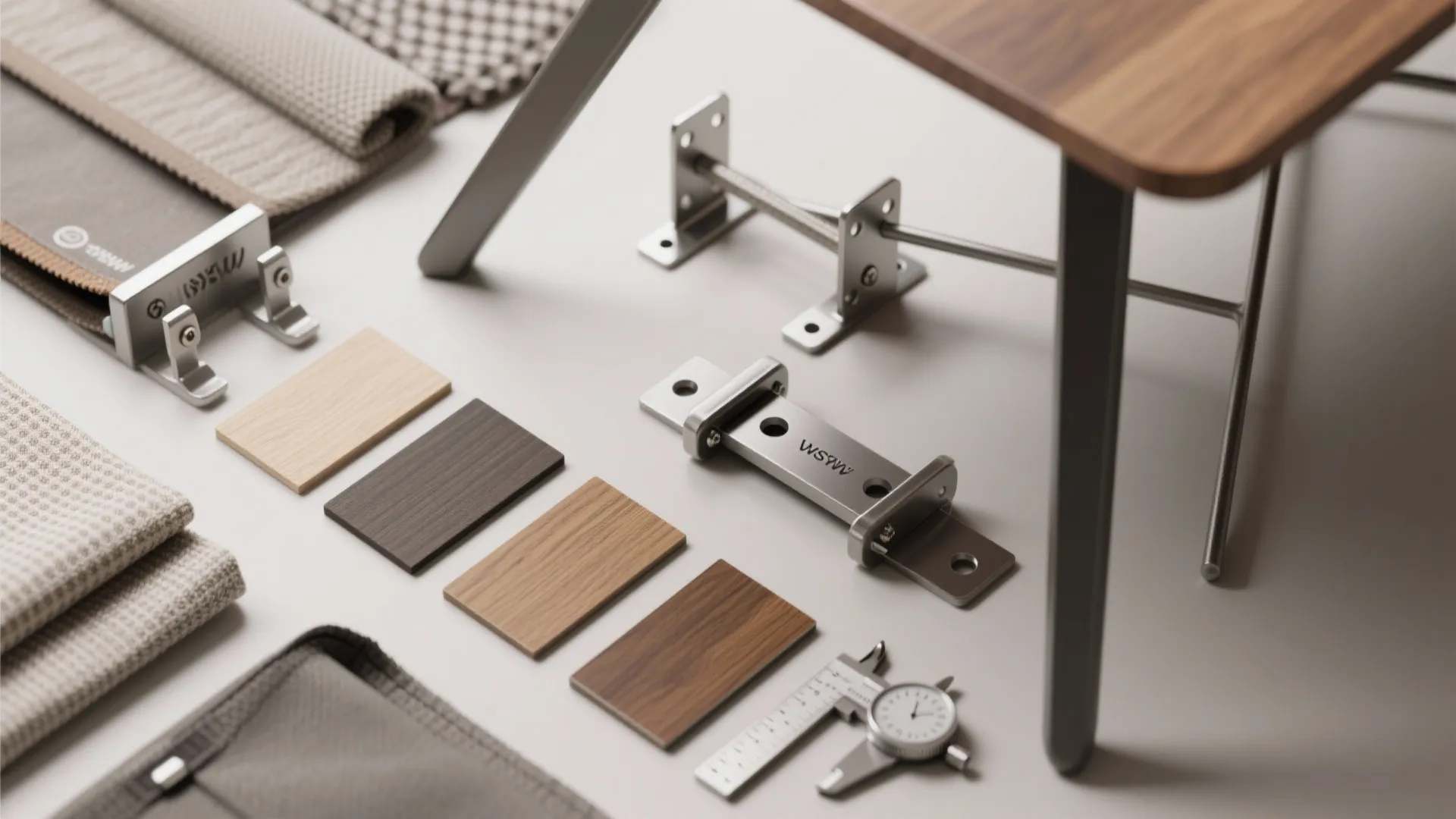 Flatlay of hinges, brackets, veneer samples and swatches for convertible table hardware and materials.