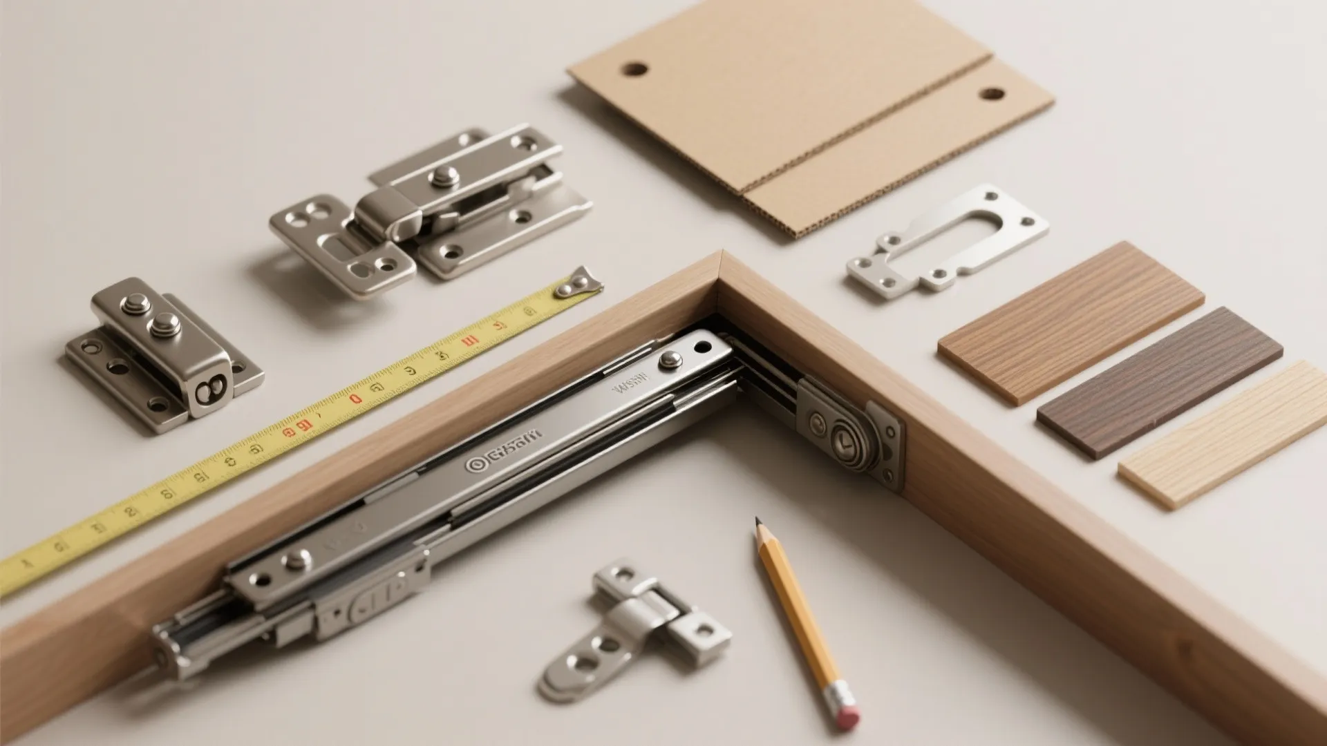 Top-down flatlay of cabinet hardware, measuring tools, and veneer samples for planning corner cabinet projects.