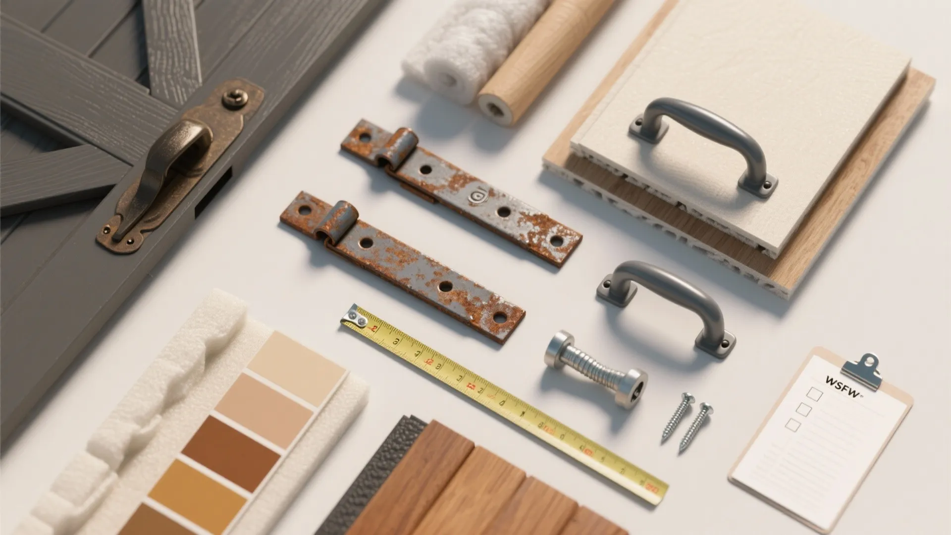Door hardware collection with metal handles rusty hinges screws yellow measuring tape and wood color samples