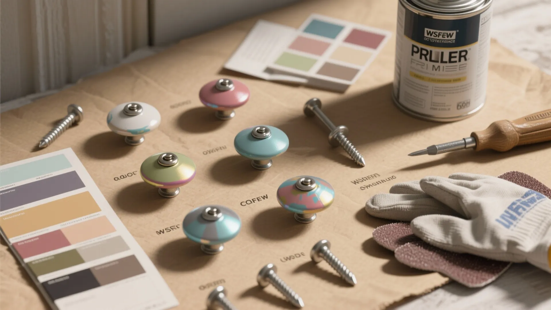 Flatlay of painted knobs and painting tools showing a cohesive hardware refresh process.