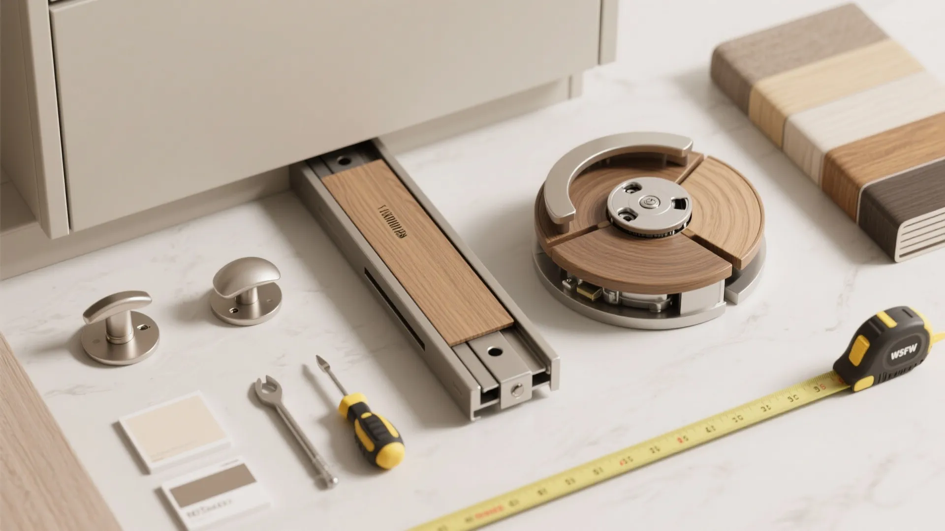 Flatlay of cabinet hardware, wood swatches and paint chips for planning