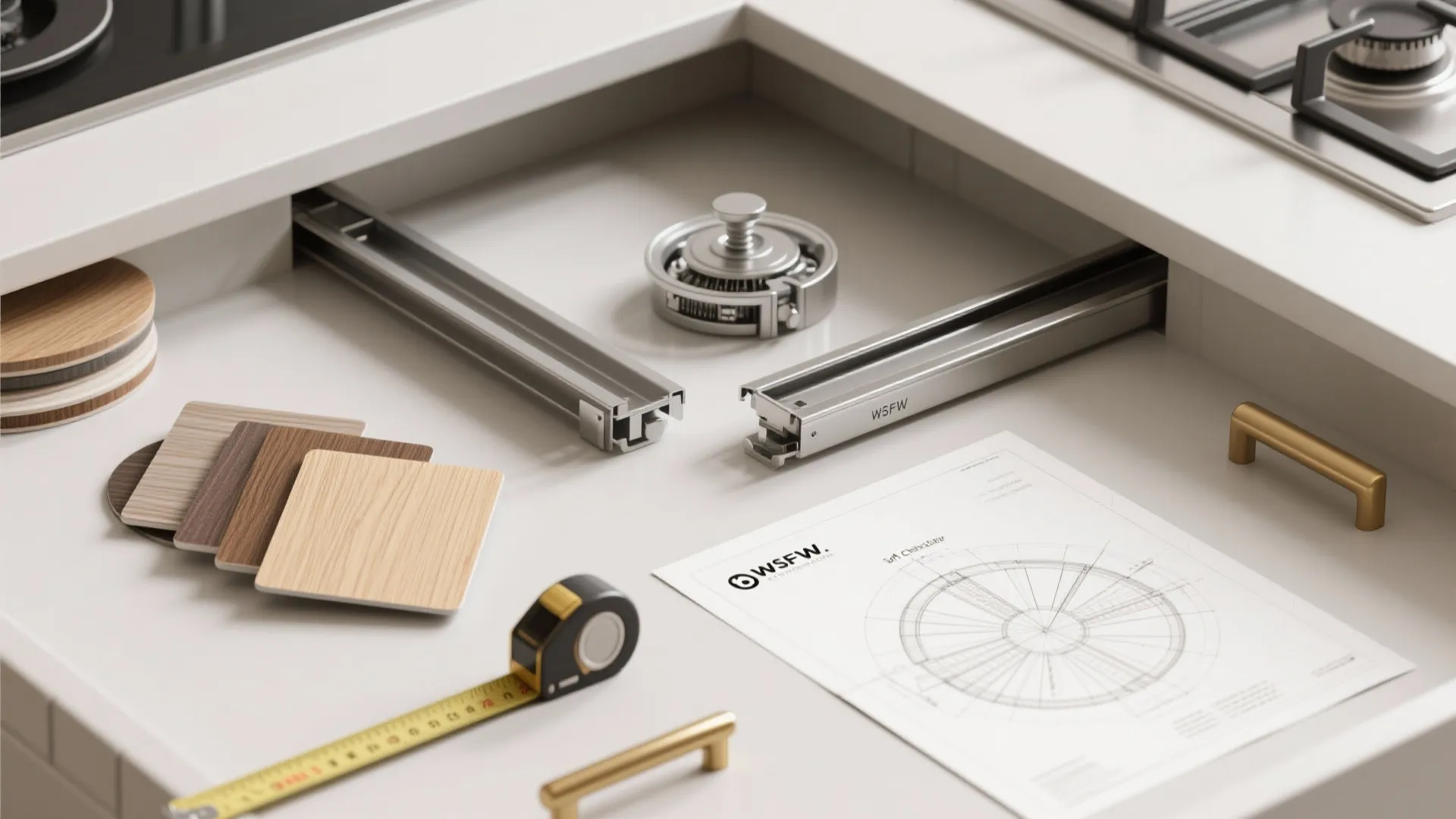 Kitchen hardware flat lay with metal drawer slides wood samples measuring tape and design drawing
