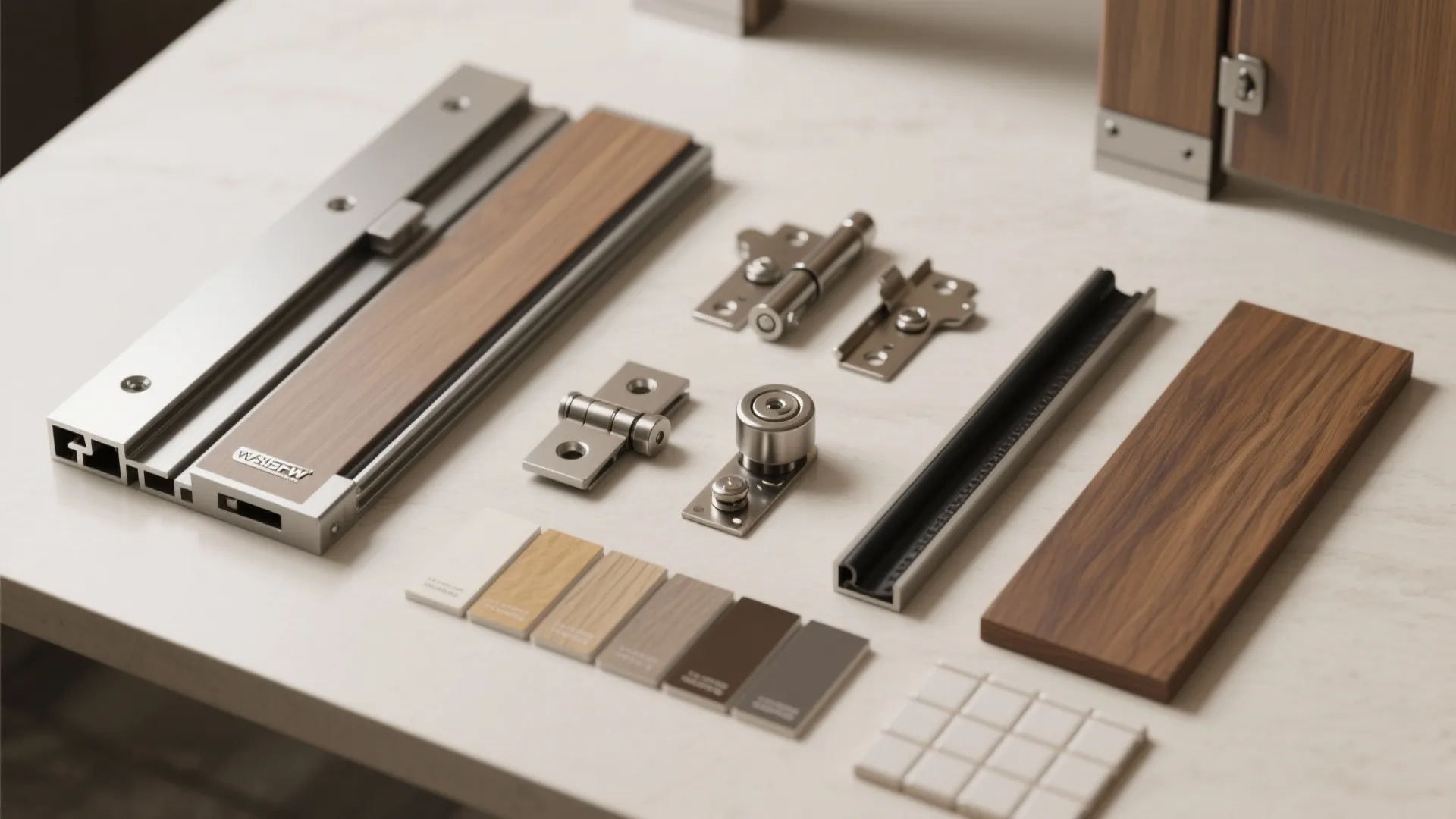 Collection of metal door hardware parts and wood color samples displayed on a white table surface