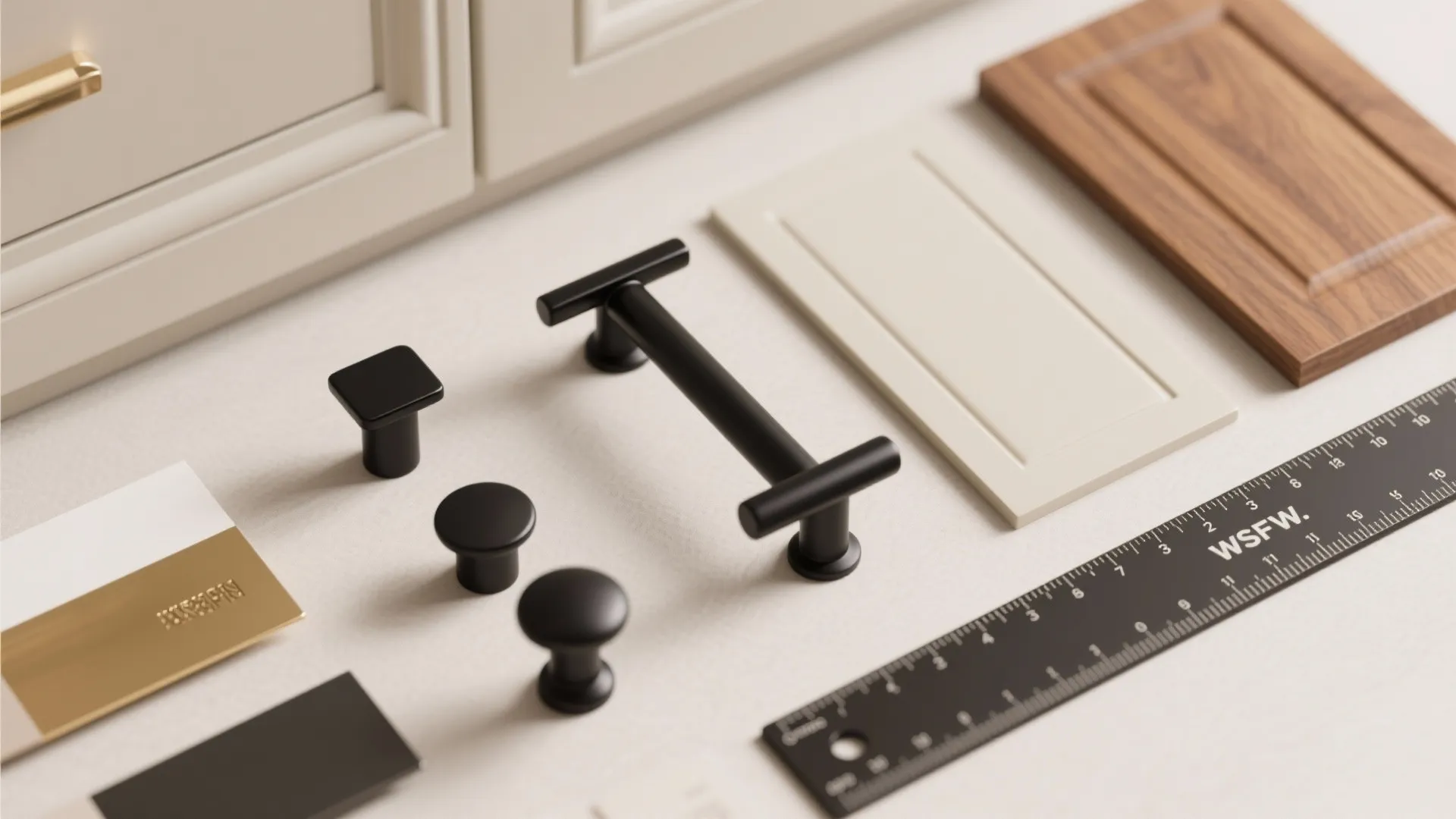 Flatlay of matte black pulls, brass sample, paint chips and wood veneer to visualize combinations.