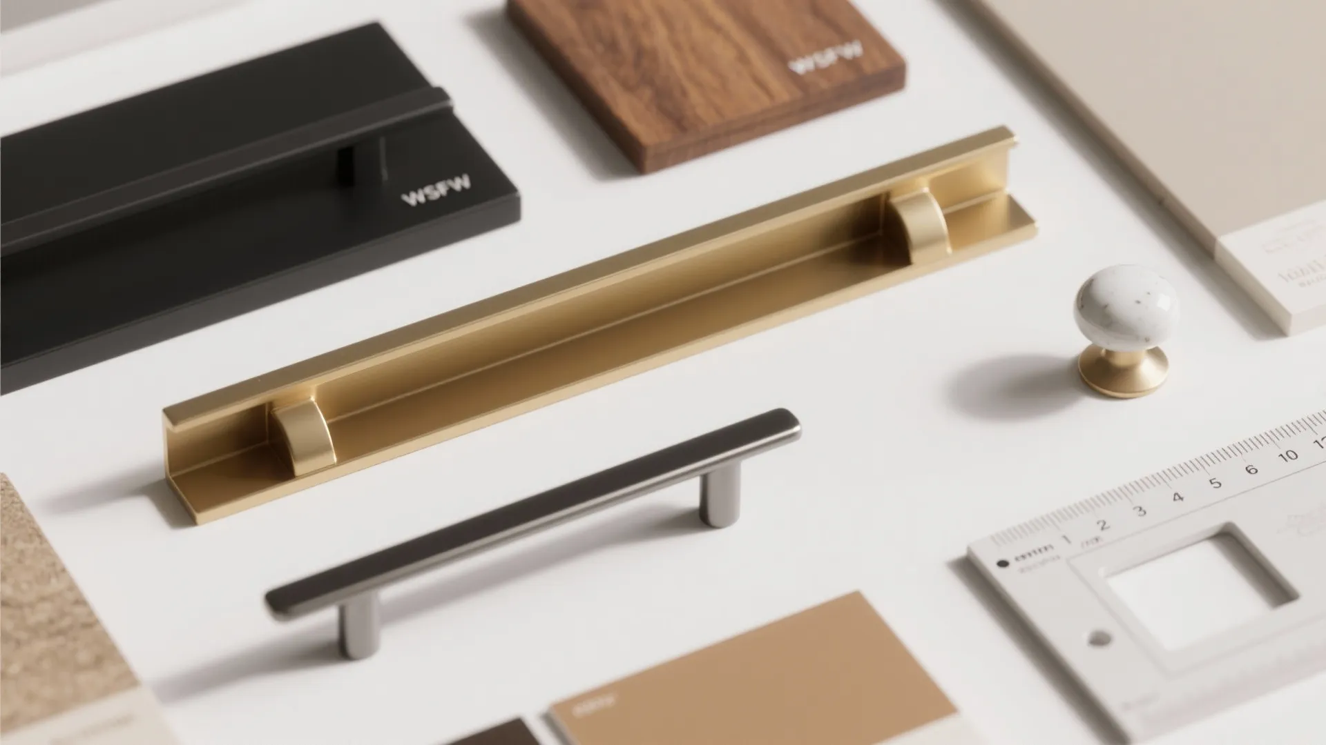 Collection of cabinet handles and knobs in gold black and silver with various material samples