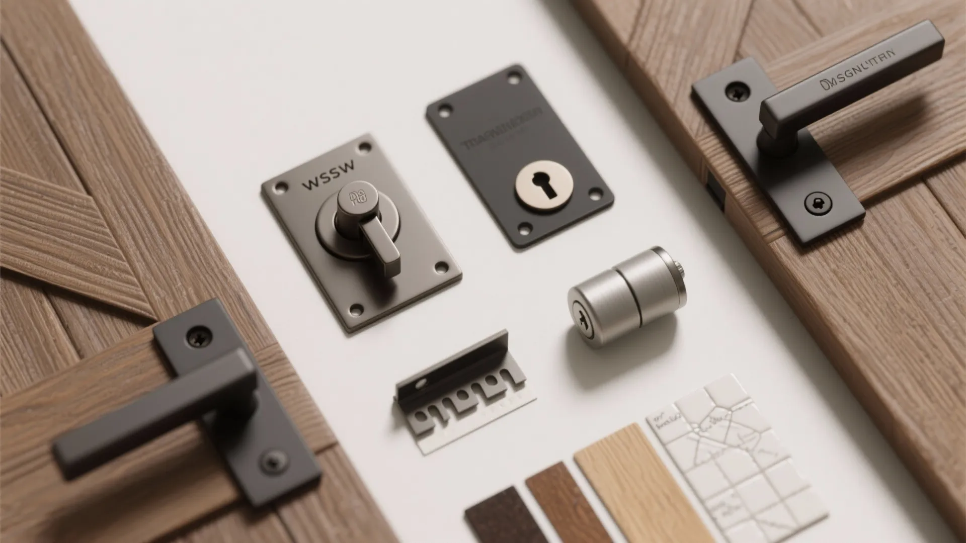 Flatlay of barn door hardware samples: magnetic latch, thumb turn, mortise faceplate and soft-close roller