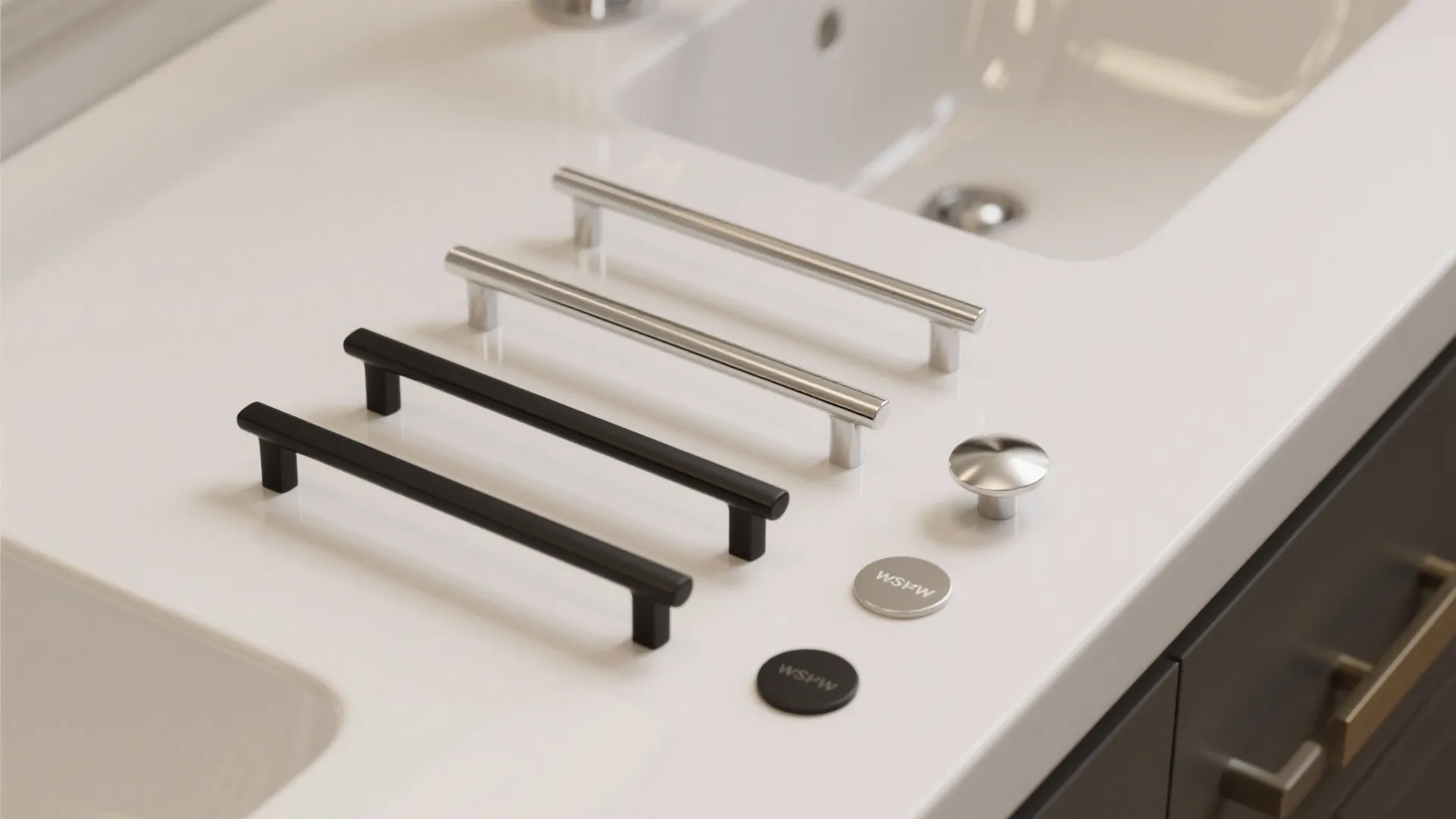 Flatlay of polished chrome, matte black and satin nickel vanity pulls for a white cabinet