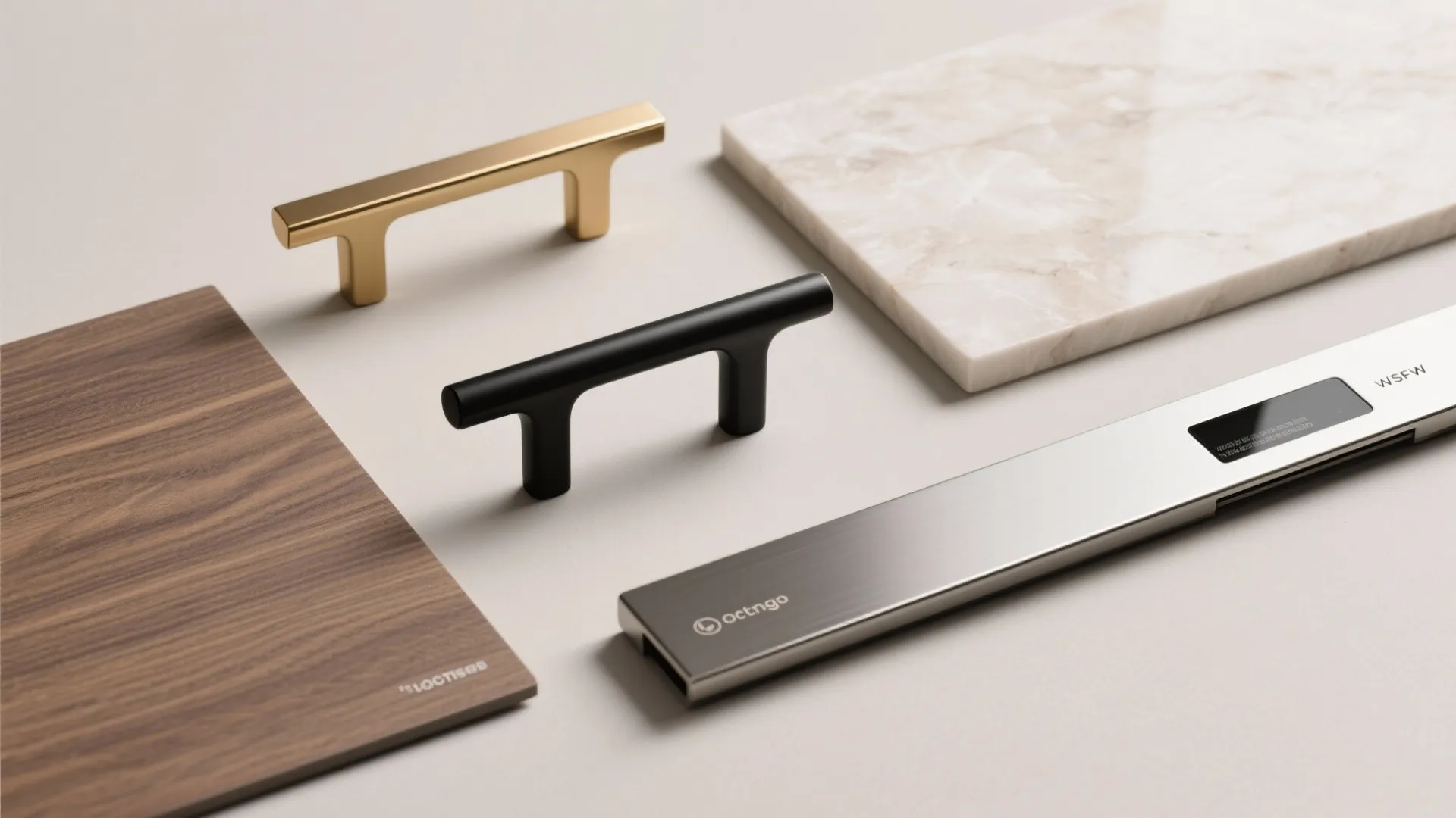 Selection of kitchen cabinet handles marble samples and wood floor panels on a light grey background