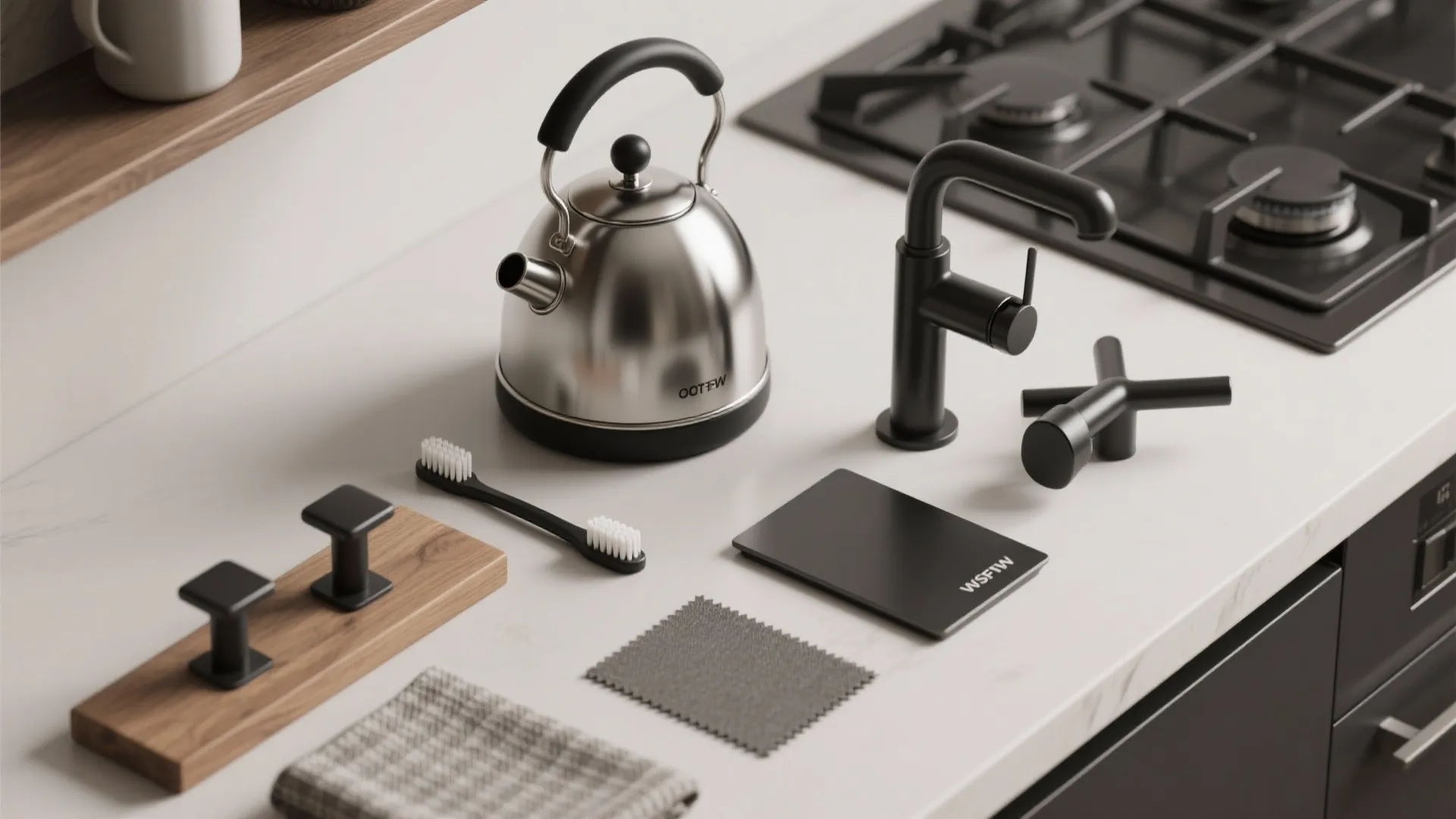Collection of black kitchen hardware kettle faucet and cabinet handles organized on a white countertop