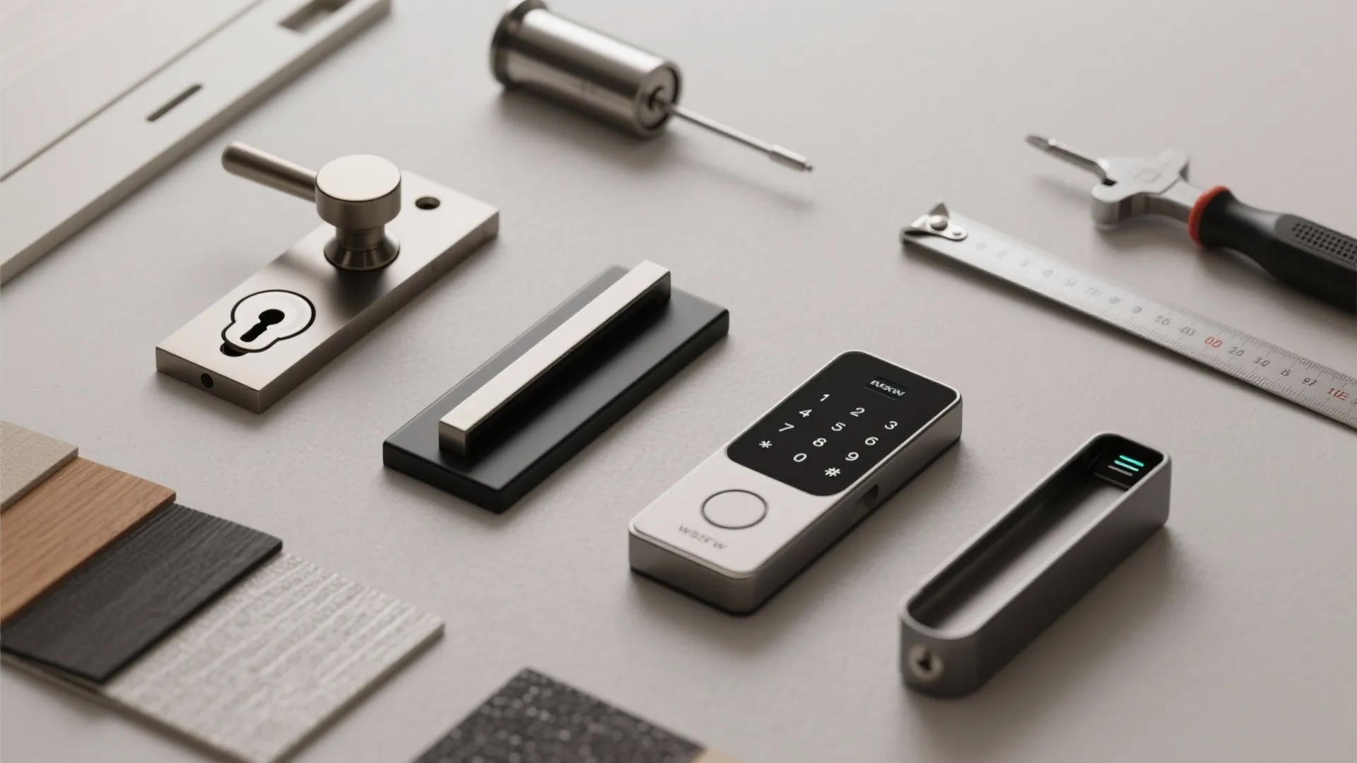 Display of door hardware parts including handle keypad lock measuring tape and various wood material samples