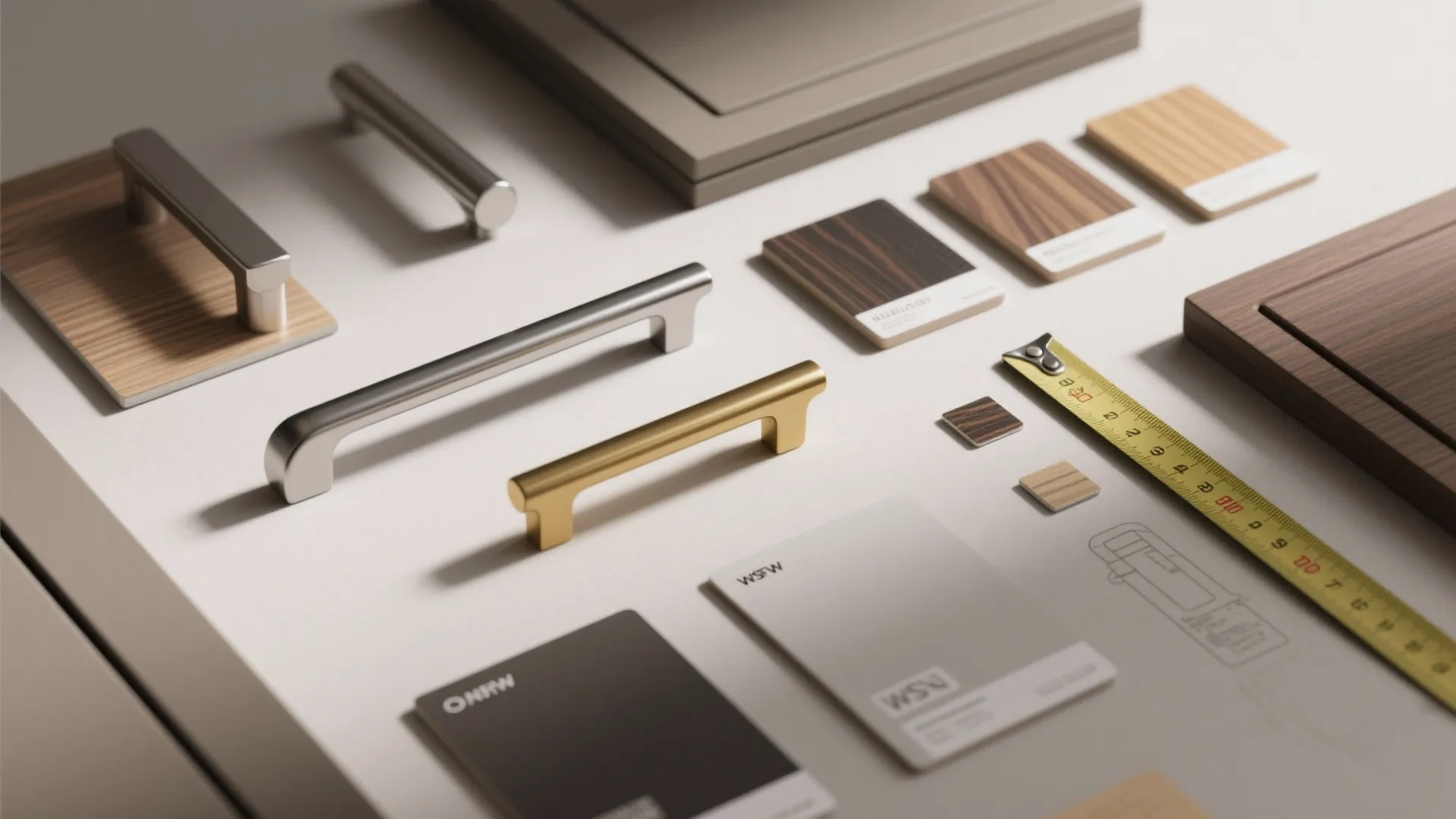 Cabinet handles in various metal finishes arranged with wood samples and a yellow measuring tape