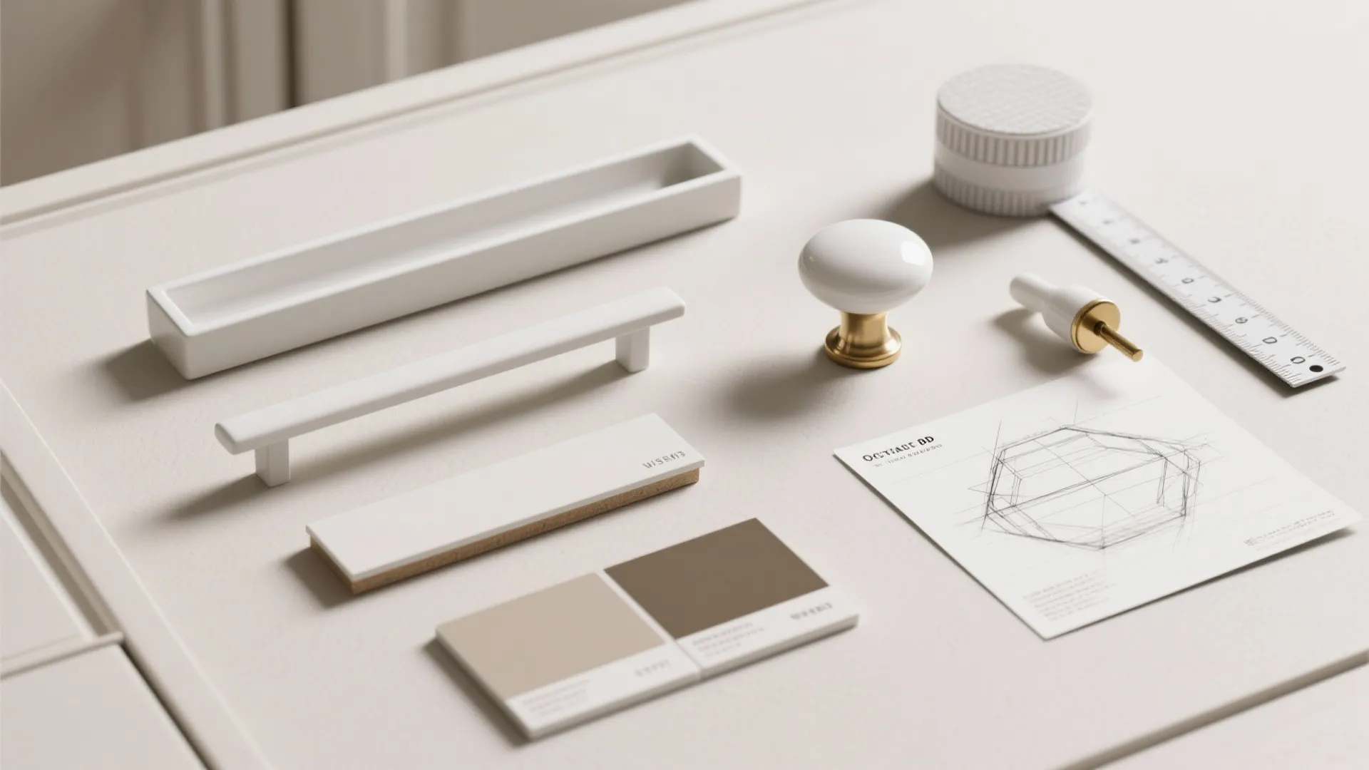 Flatlay of white handle samples, paint swatches, and measuring tools for mockup testing