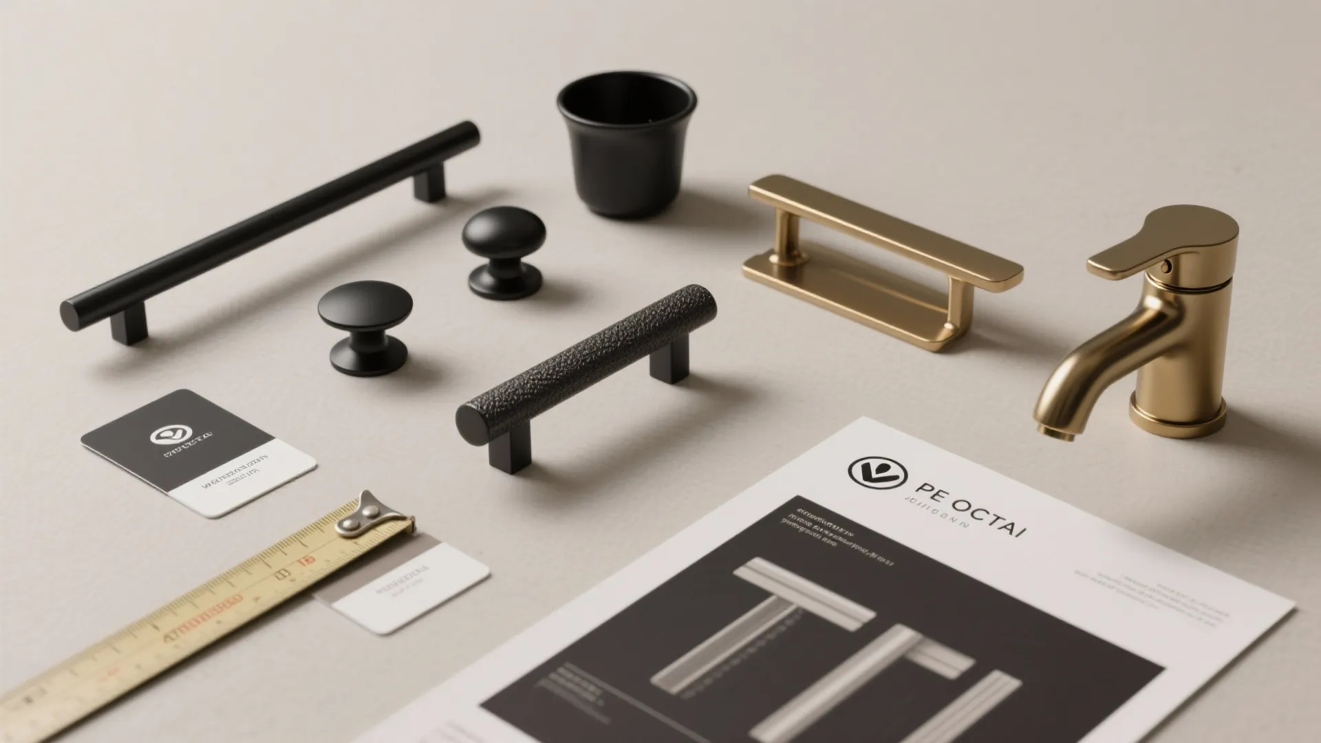 Flatlay of matte black hardware samples, tape measure and layout mockup for testing fit