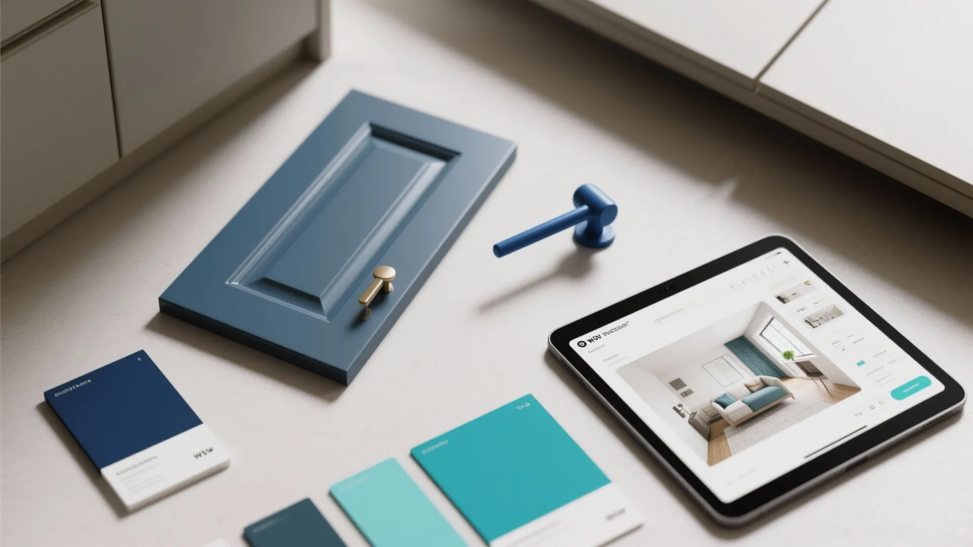 Flatlay of blue handle spare, cabinet sample, finish swatches and a tablet with a 3D mockup.