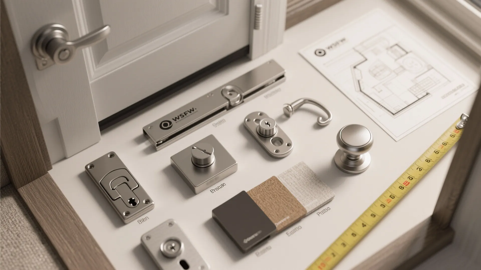 Flatlay of RV door hardware samples, material swatches and measuring tape for planning