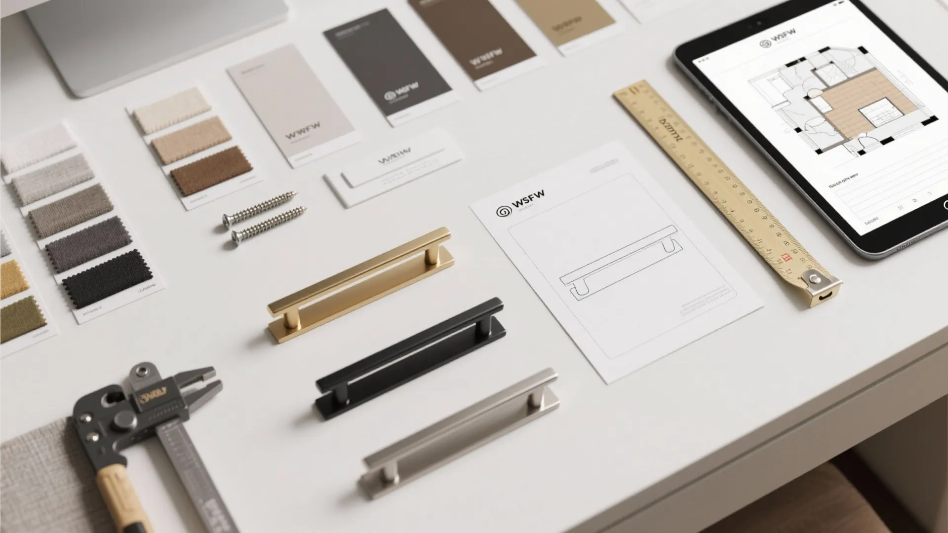 Interior design mood board with metal handles fabric samples ruler and tablet showing room layout