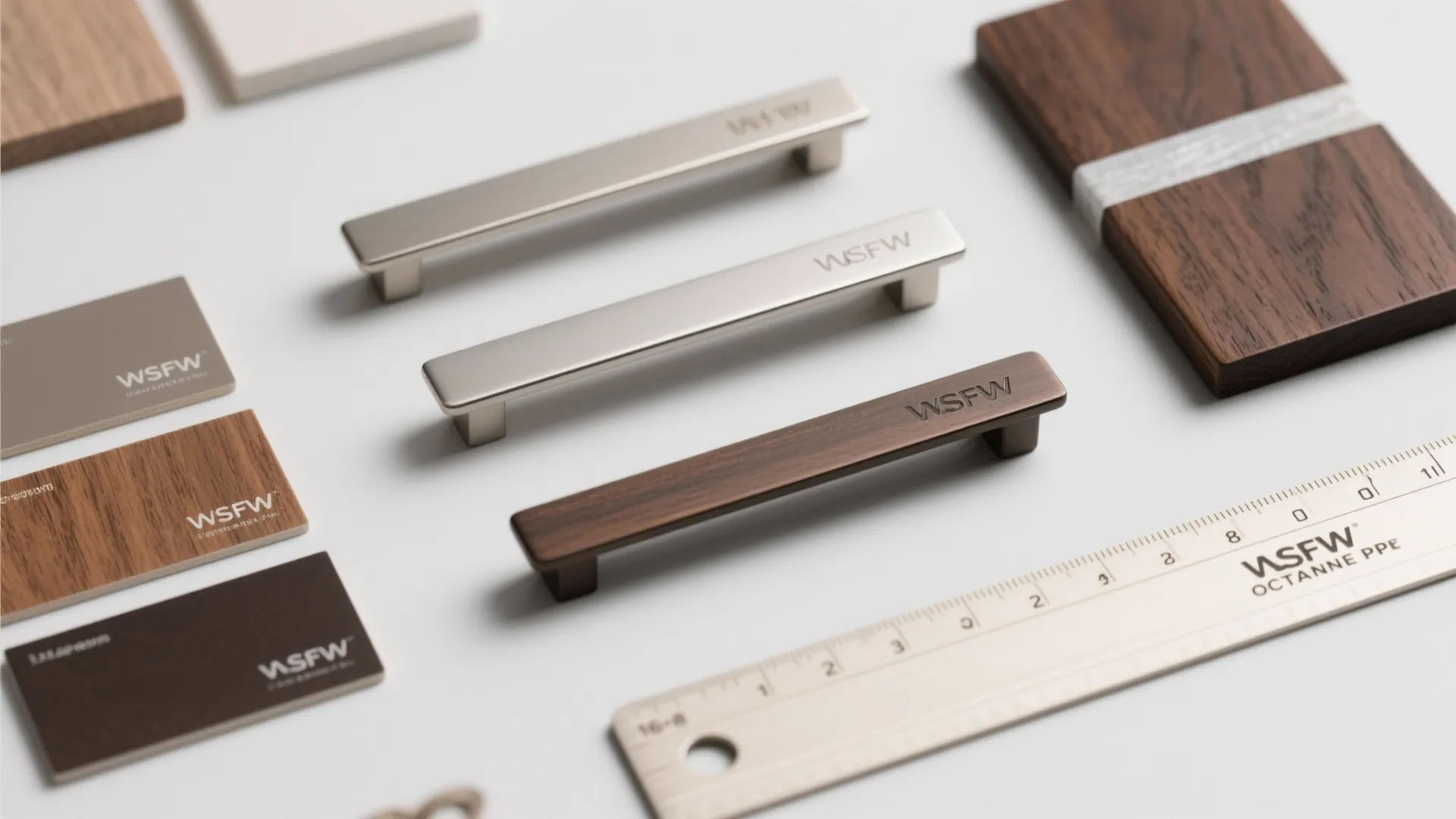 Modern cabinet handles displayed with wood samples and a measuring ruler on a white tabletop