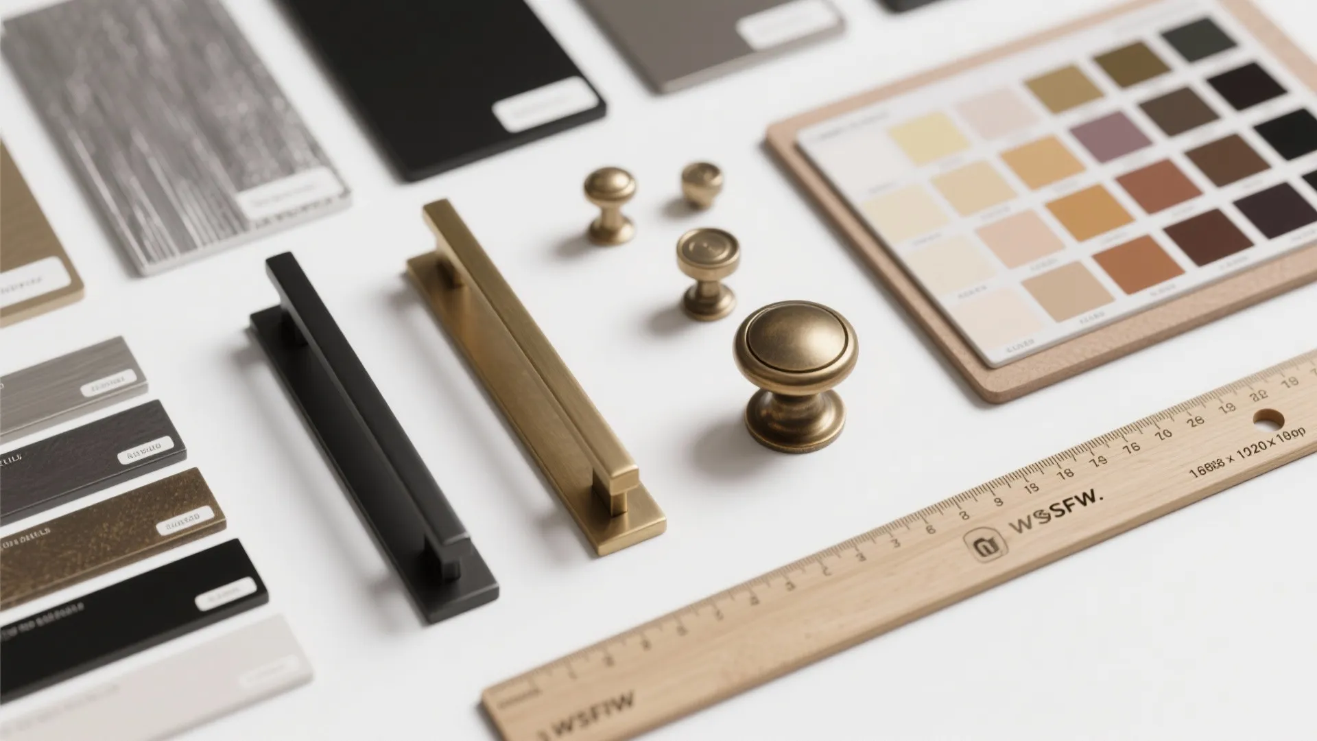 Hardware flatlay with metal door handles cabinet knobs color swatches wooden ruler and material samples