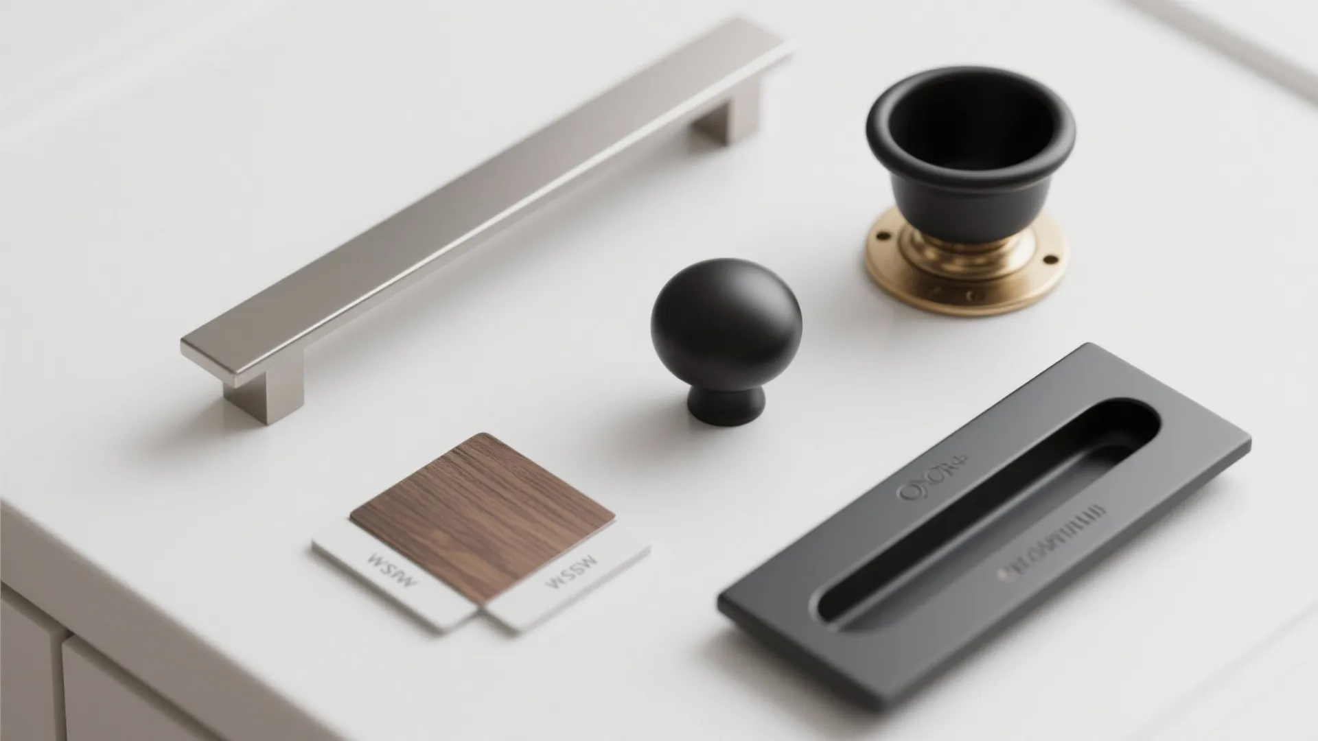 Cabinet handles and knobs in different metal finishes displayed on white surface with wood samples